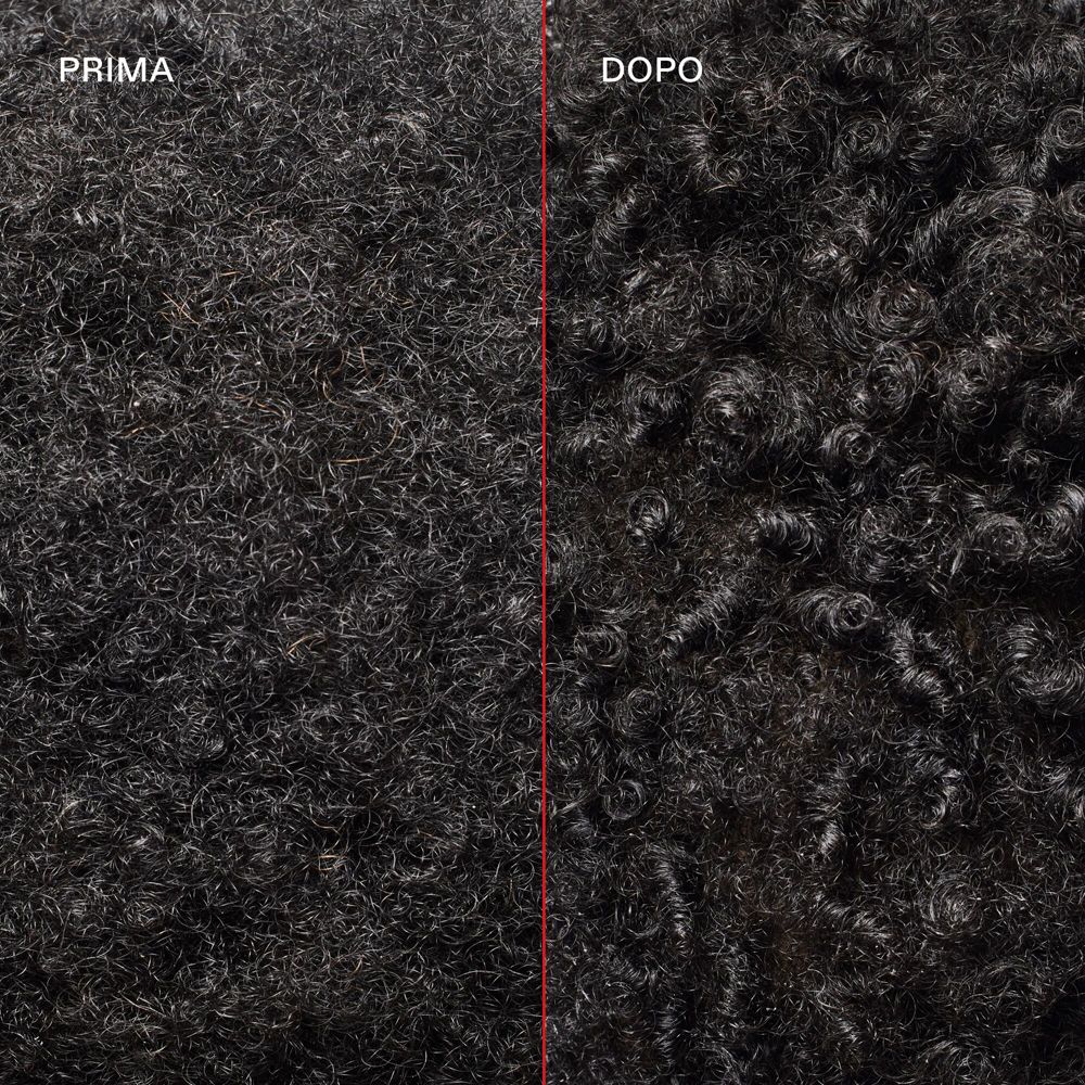 Vergleich von Haaren vor und nach der Behandlung. Schwarzes, lockiges Haar.