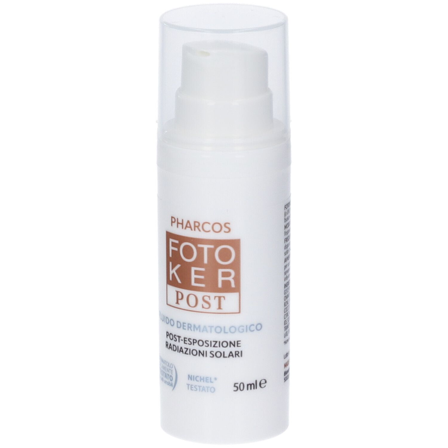 Weiße Flasche mit Pumpverschluss. Aufschrift: Pharcos, Foto Ker Post. Dermatologisch getestet. 50 ml.