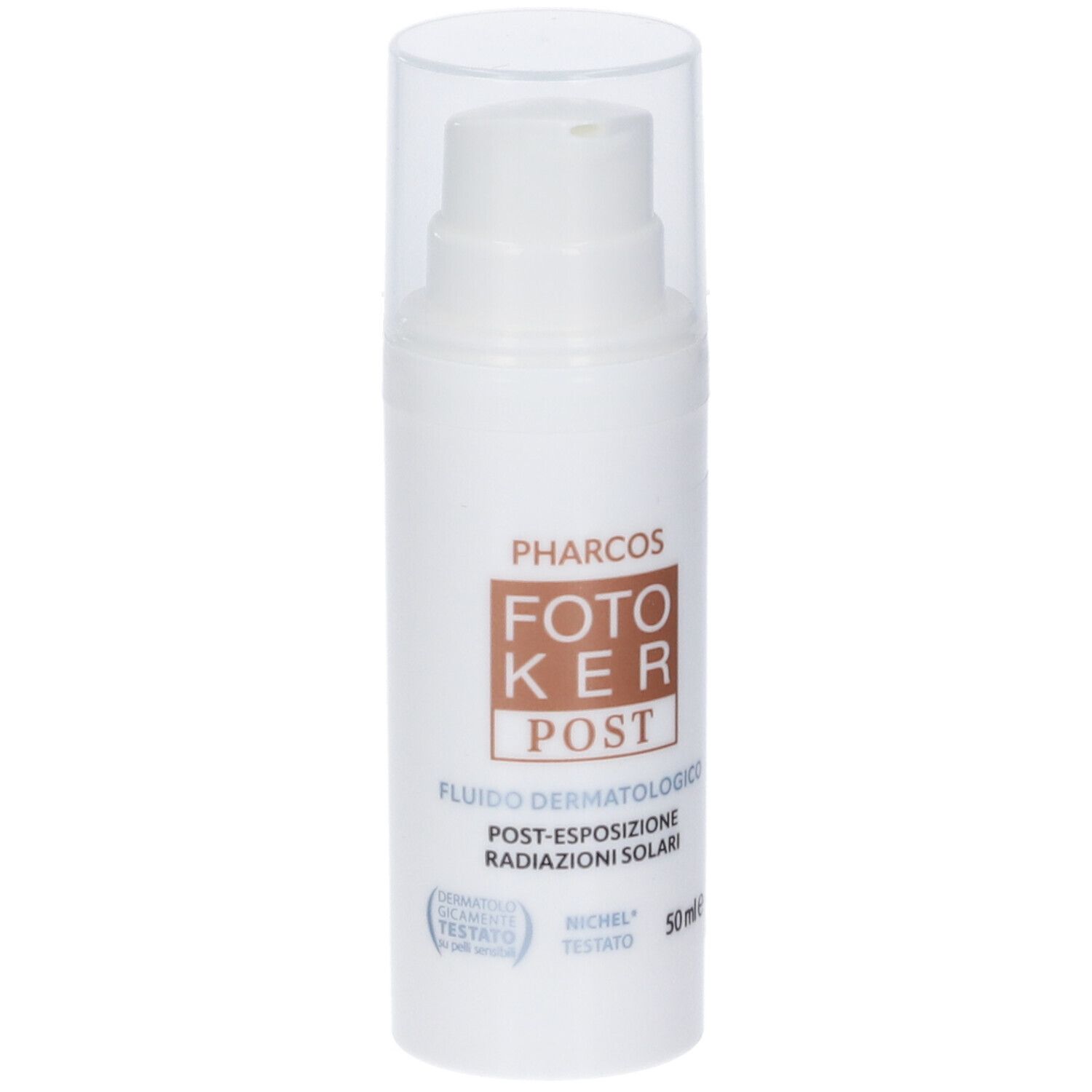 Weiße Flasche mit Pumpverschluss. Aufschrift: Pharcos, Foto Ker Post. Dermatologisch getestet. 50 ml.