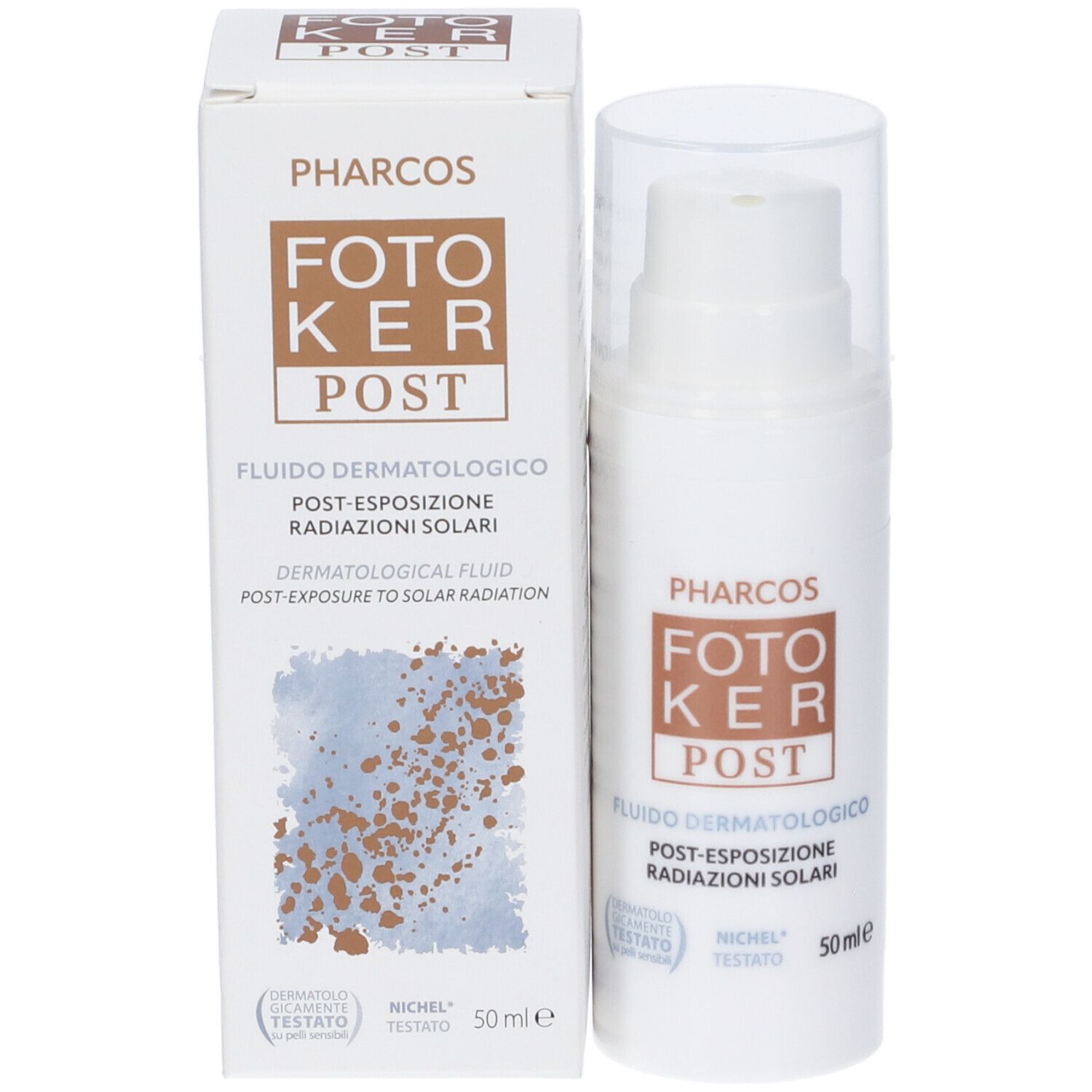Produktverpackung und Flasche. Aufschrift: Pharcos, Foto Ker Post. Dermatologisch getestet. 50 ml.