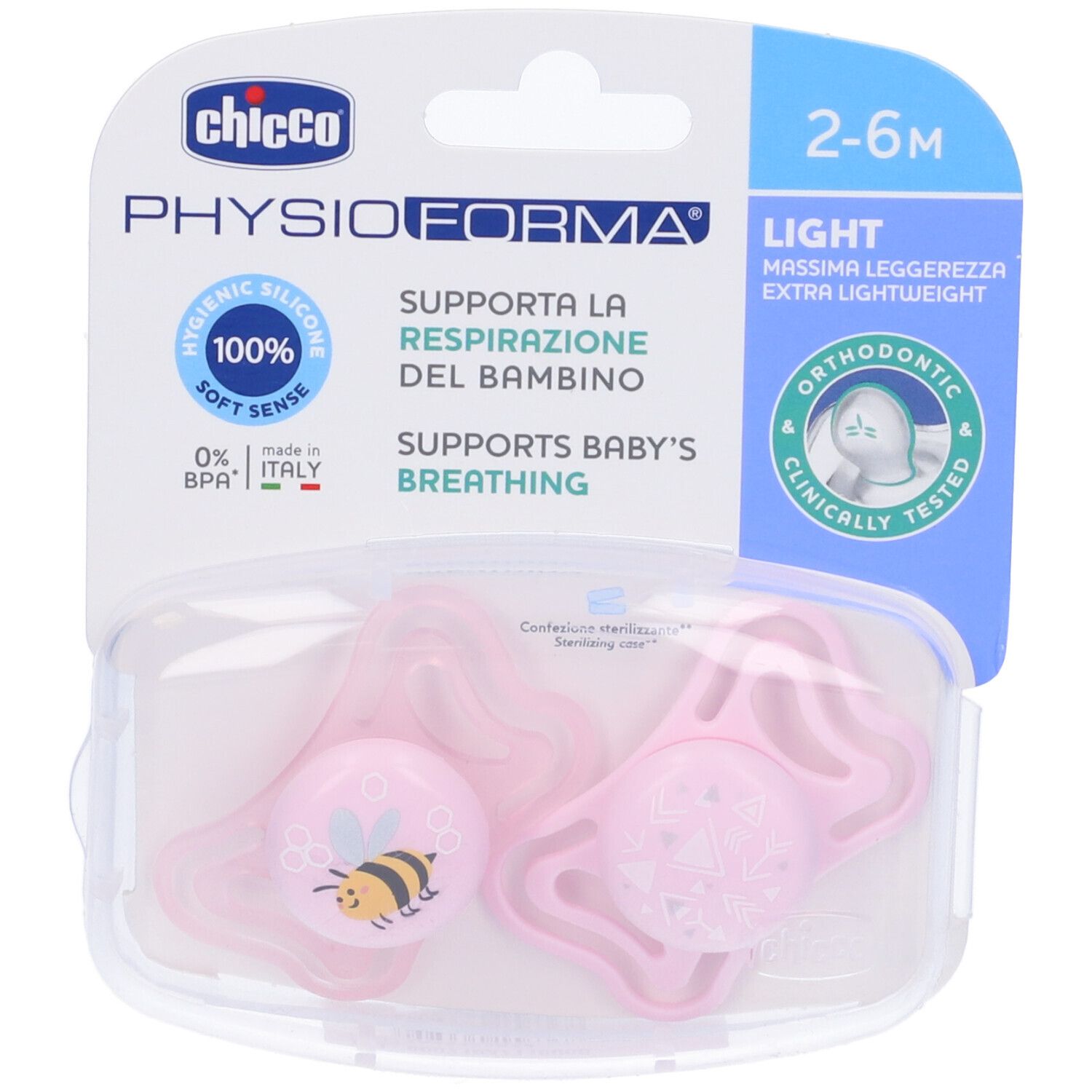 Chicco Physioforma Light Schnuller, rosa, 2-6 Monate, in Verpackung. Zwei Schnuller im Etui, mit Aufdruck und Logos.