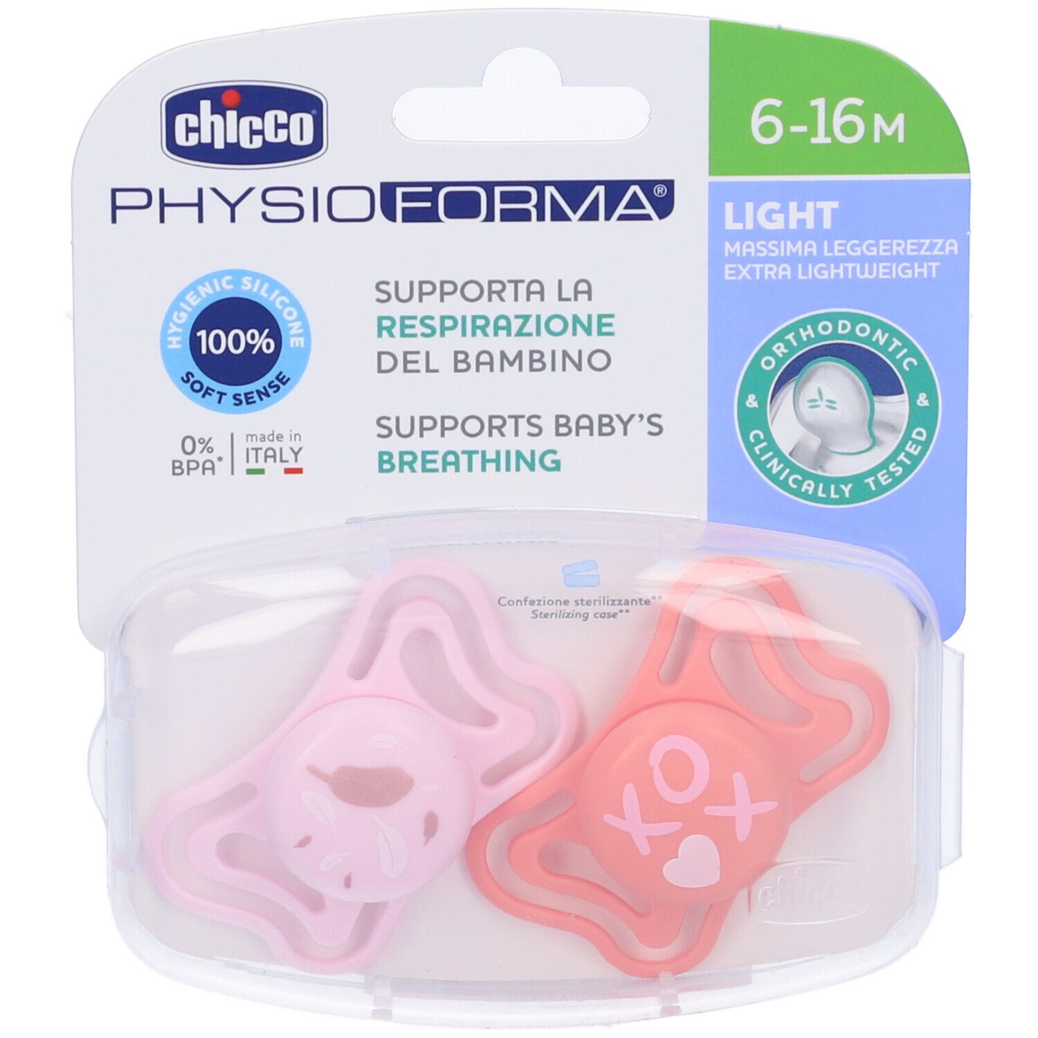 Zwei rosa Schnuller in einer transparenten Verpackung. Marke Chicco, PhysioForma. Orthodontisch, 6-16 Monate.