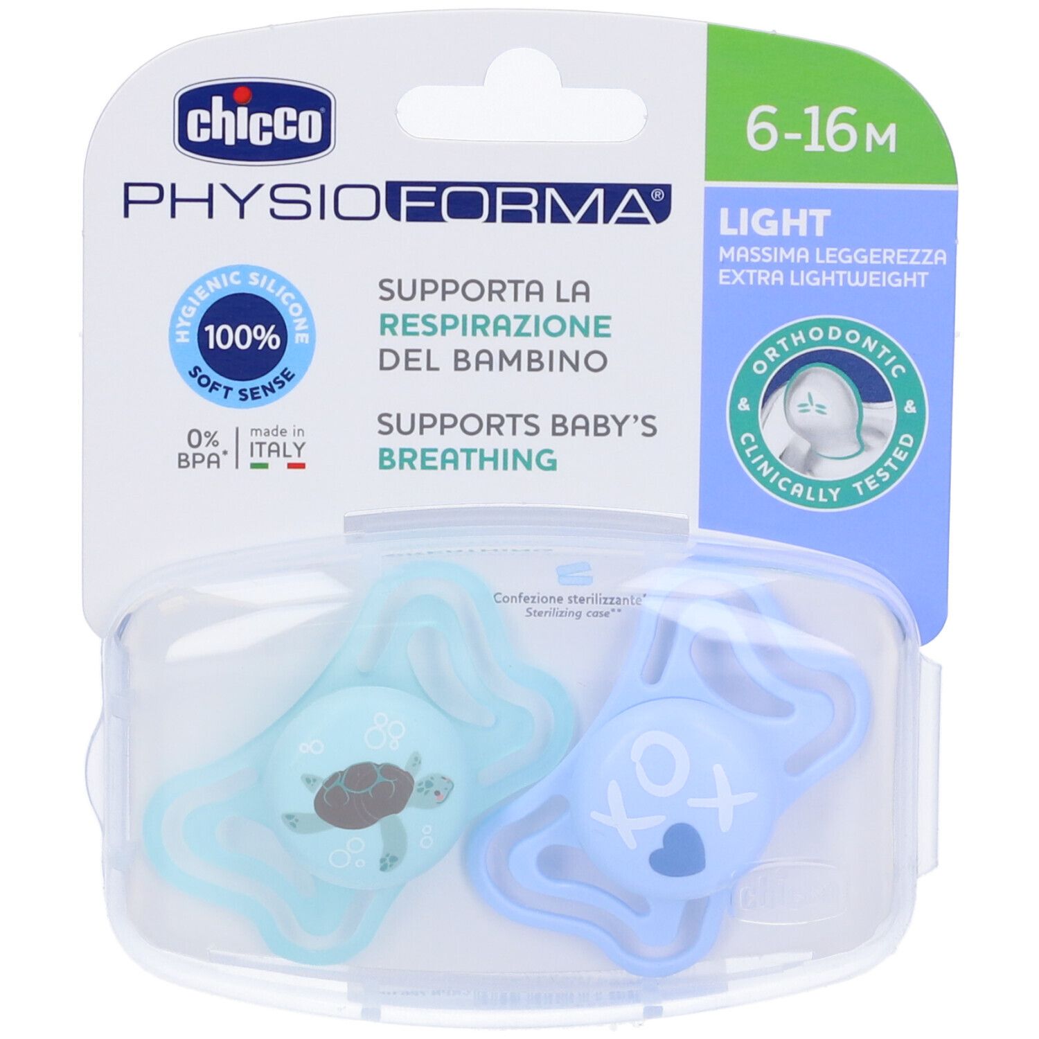 Zwei blaue Schnuller in transparenter Verpackung. Aufschrift: Chicco Physioforma, 6-16M, 100% Soft Sense, BPA-frei.