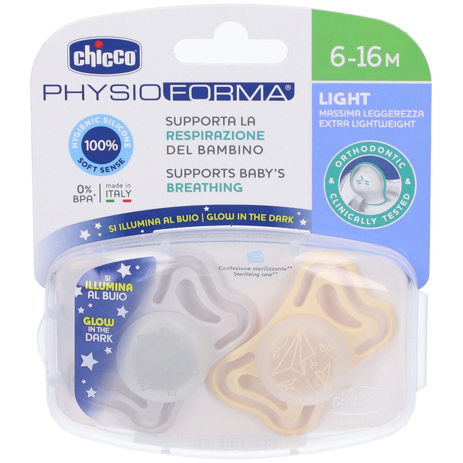 Zwei Schnuller in Verpackung. Marke Chicco, PhysioForma. 6-16M, Light. Silikon, leuchtet im Dunkeln. Orthodontisch.