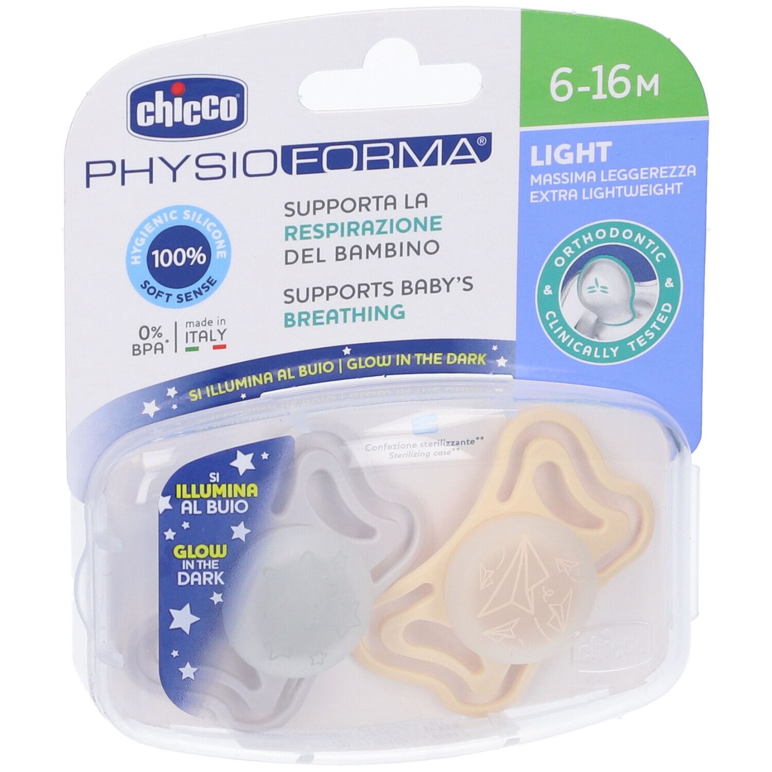 Zwei Schnuller in Verpackung. Marke Chicco, PhysioForma. 6-16M, Light. Silikon, leuchtet im Dunkeln. Orthodontisch.