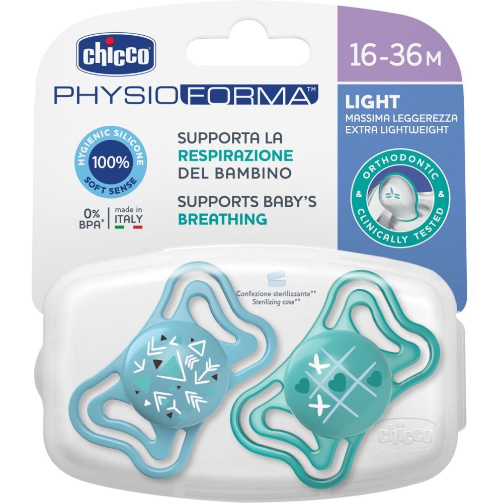 Due ciucci blu in confezione trasparente. Sulla confezione "Chicco Physioforma Light". Età consigliata: 16-36 mesi.