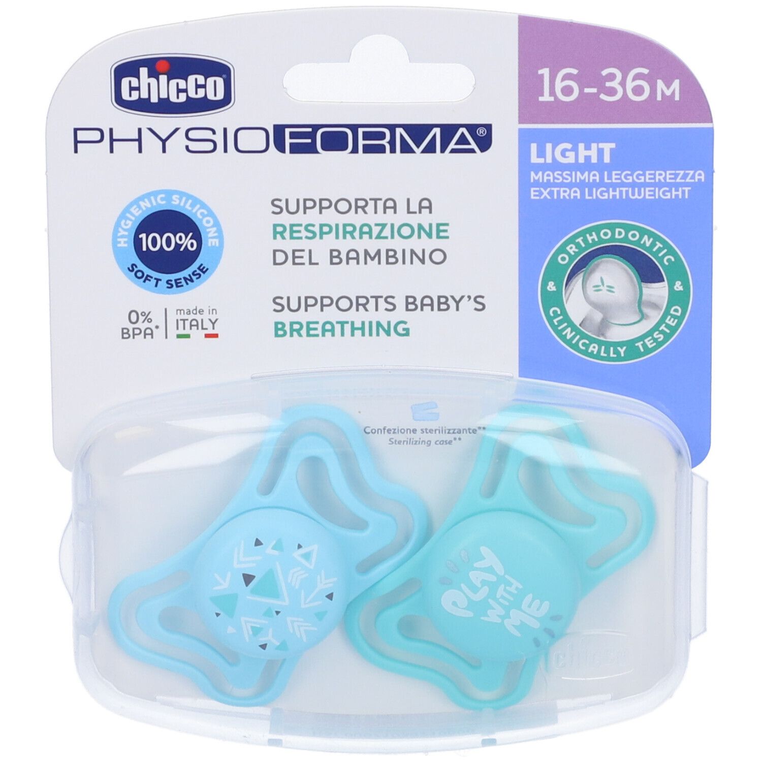 Due ciucci blu in confezione trasparente. Sulla confezione "Chicco Physioforma Light". Età consigliata: 16-36 mesi.