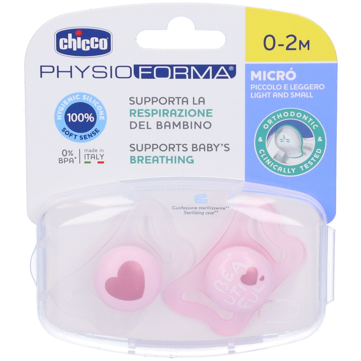 Succhietto rosa Chicco Physioforma Micro in confezione trasparente. Cuore. Scatola inclusa.