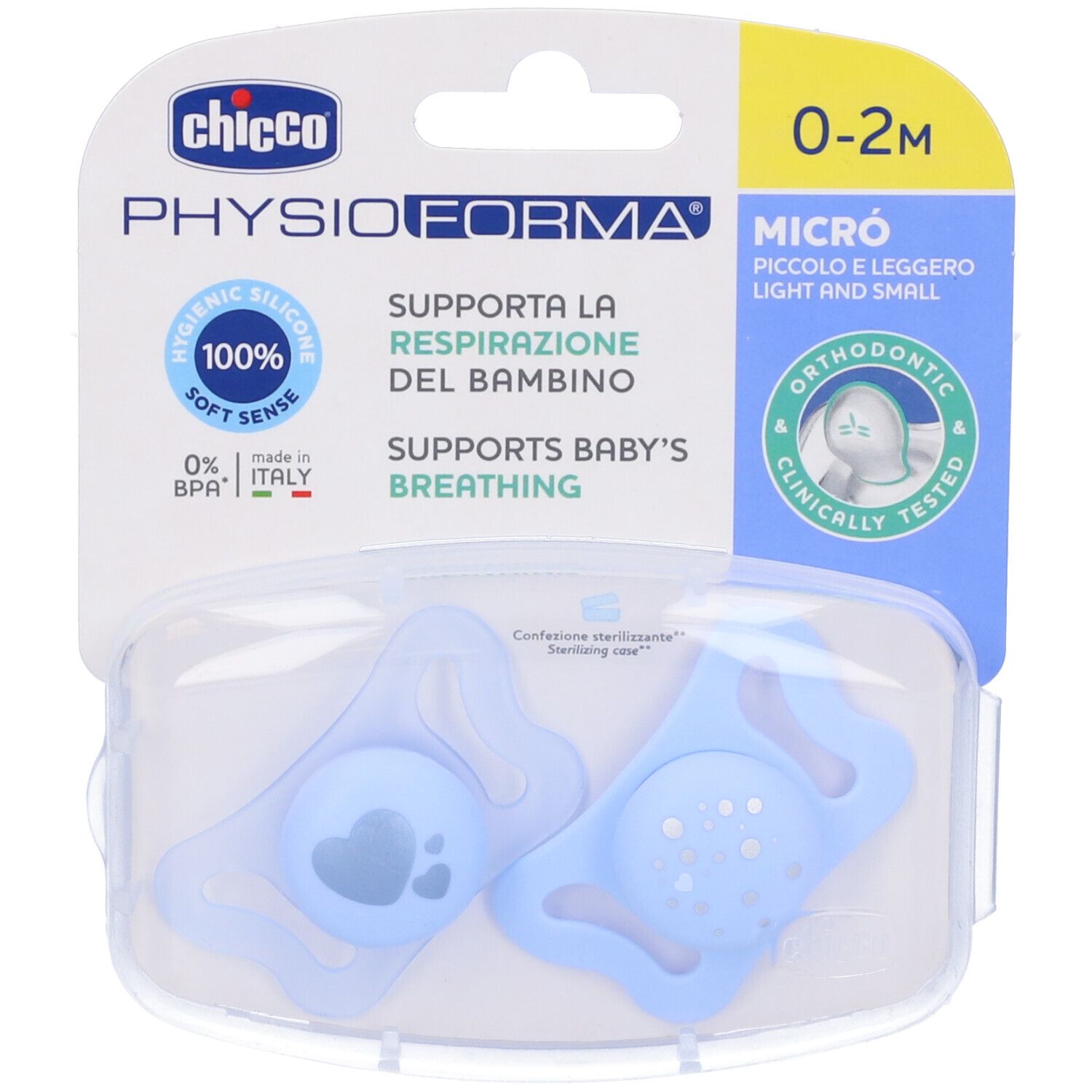 Due succhietti blu in confezione trasparente. Sulla confezione "Chicco Physioforma Micro".