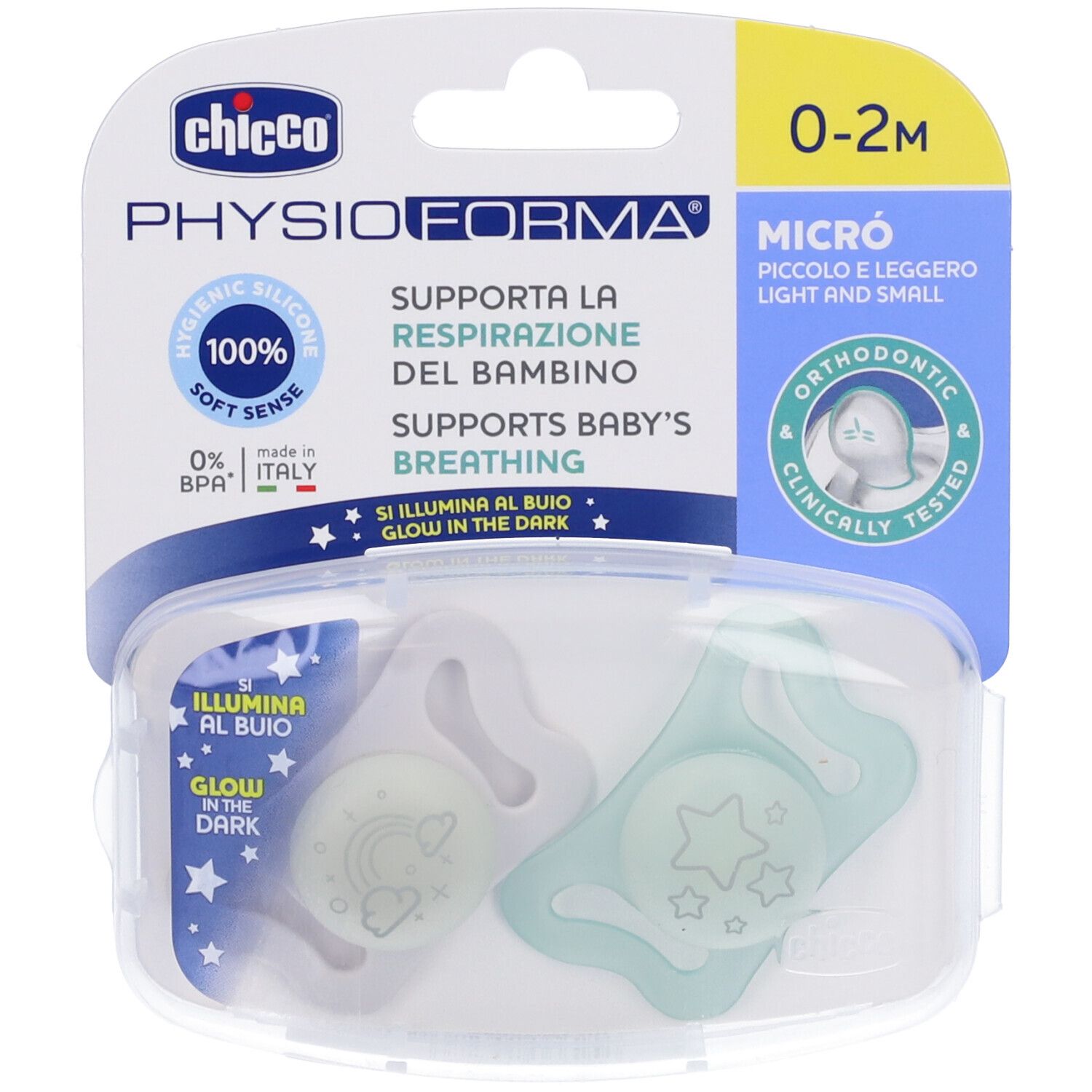 Due succhietti in confezione. Si illuminano al buio. Ortodontici, 0-2 mesi. Silicone. Marchio PhysioForma.