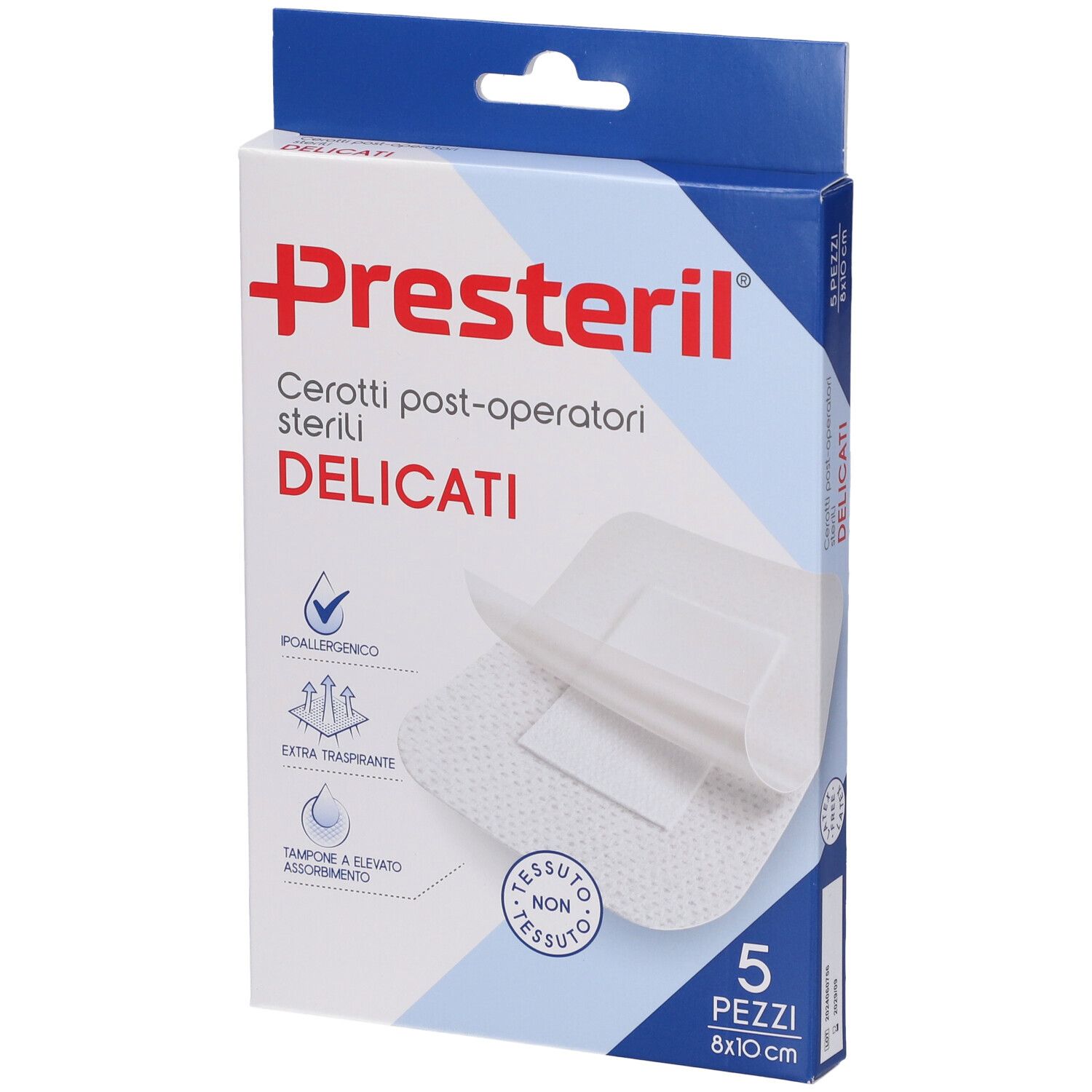 Confezione di cerotti. Marca Presteril. 5 pezzi, 8x10cm. Cerotti post-operatori sterili delicati.