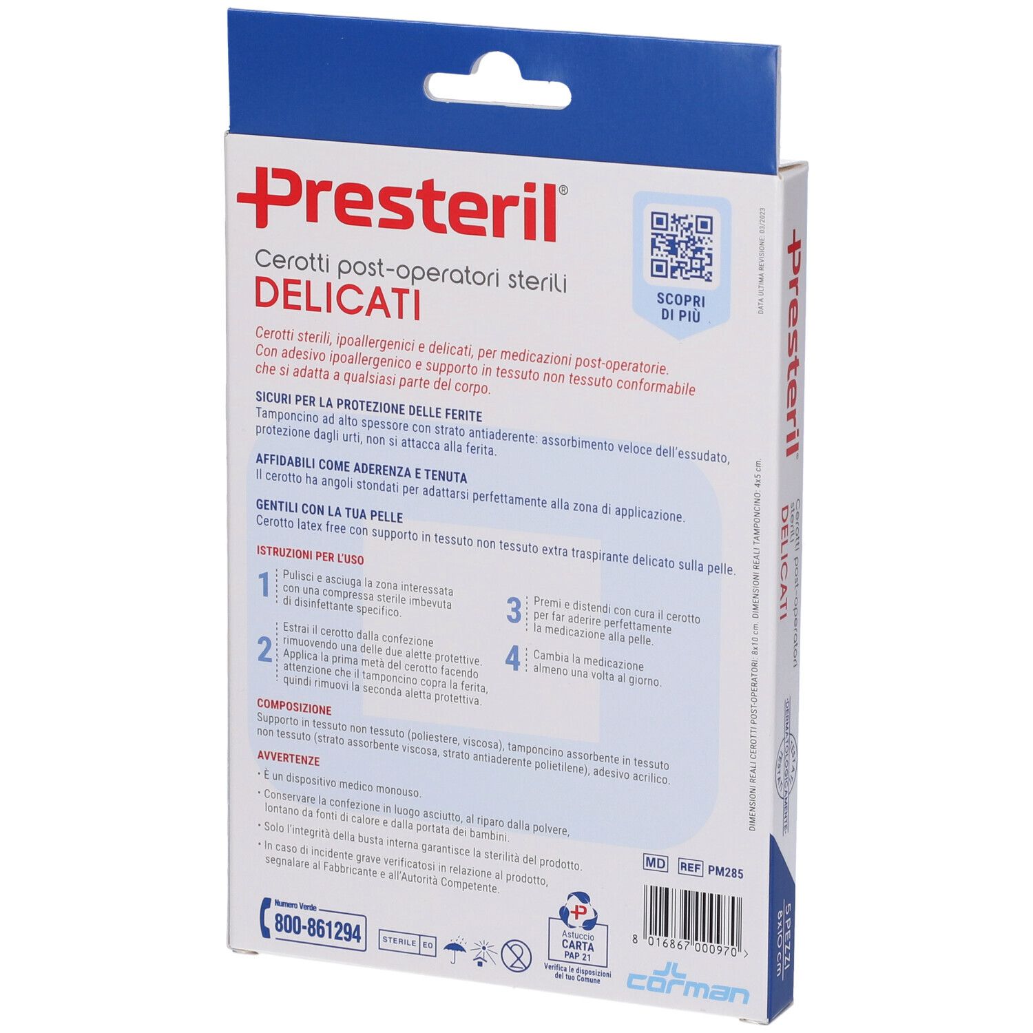 Retro della confezione di cerotti. Marca Presteril. Testo e codice QR. Cerotti post-operatori sterili delicati.
