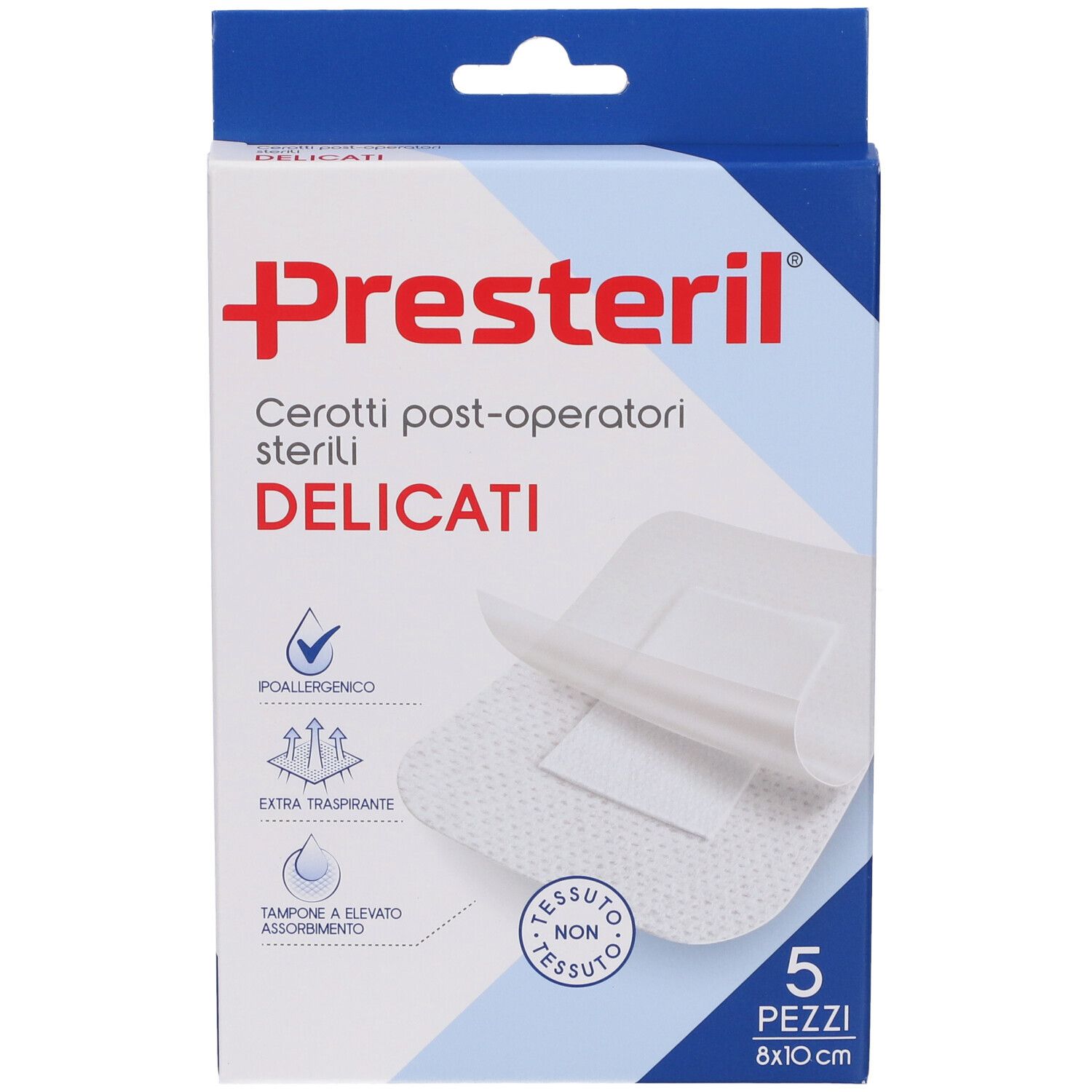 Confezione di cerotti. Marca Presteril. 5 pezzi, 8x10cm. Cerotti post-operatori sterili delicati.