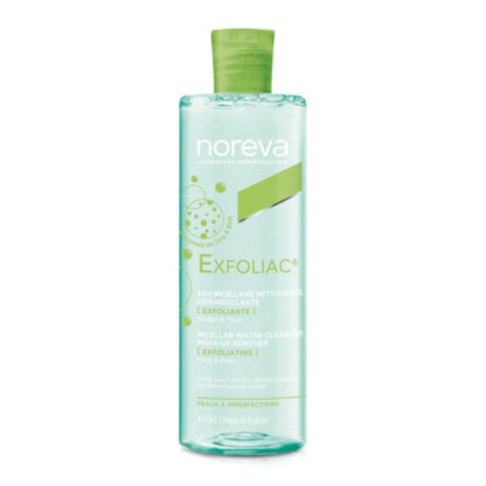 Flacone trasparente con tappo verde. Scritta: Noreva, Exfoliac, Micellare Water Cleanser.