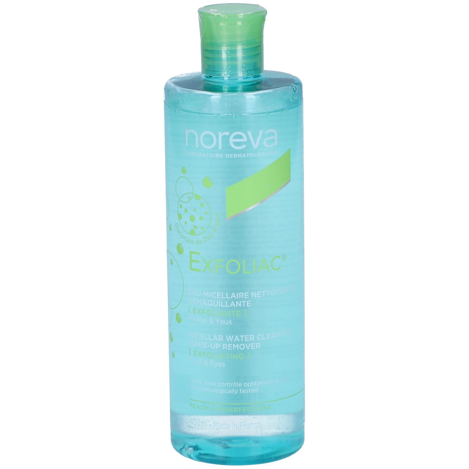 Flacone trasparente con tappo verde. Scritta: Noreva, Exfoliac, Micellare Water Cleanser.