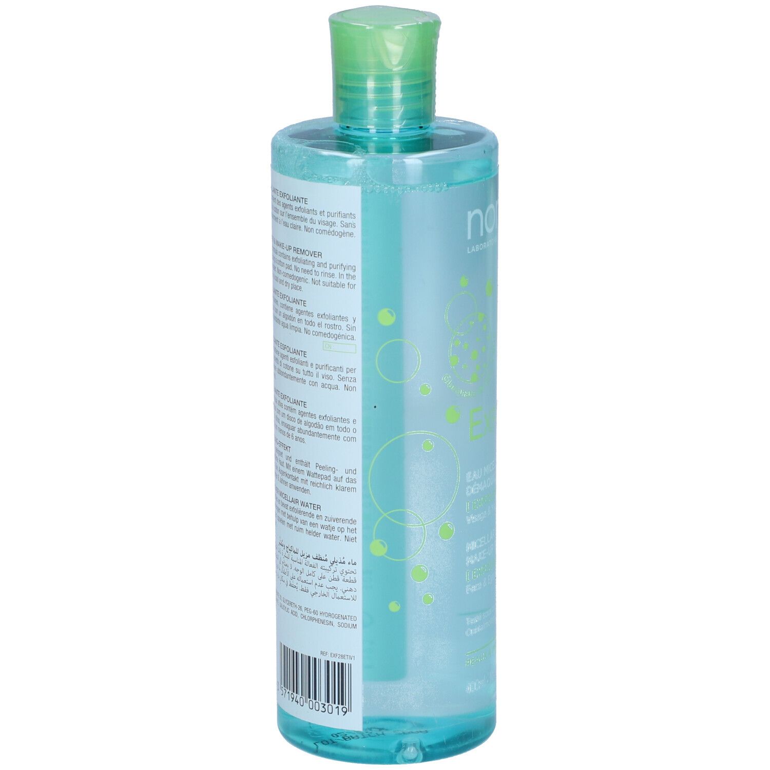 Retro del flacone. Testo multilingue. Scritta: Noreva, Exfoliac, Micellare Water Cleanser.