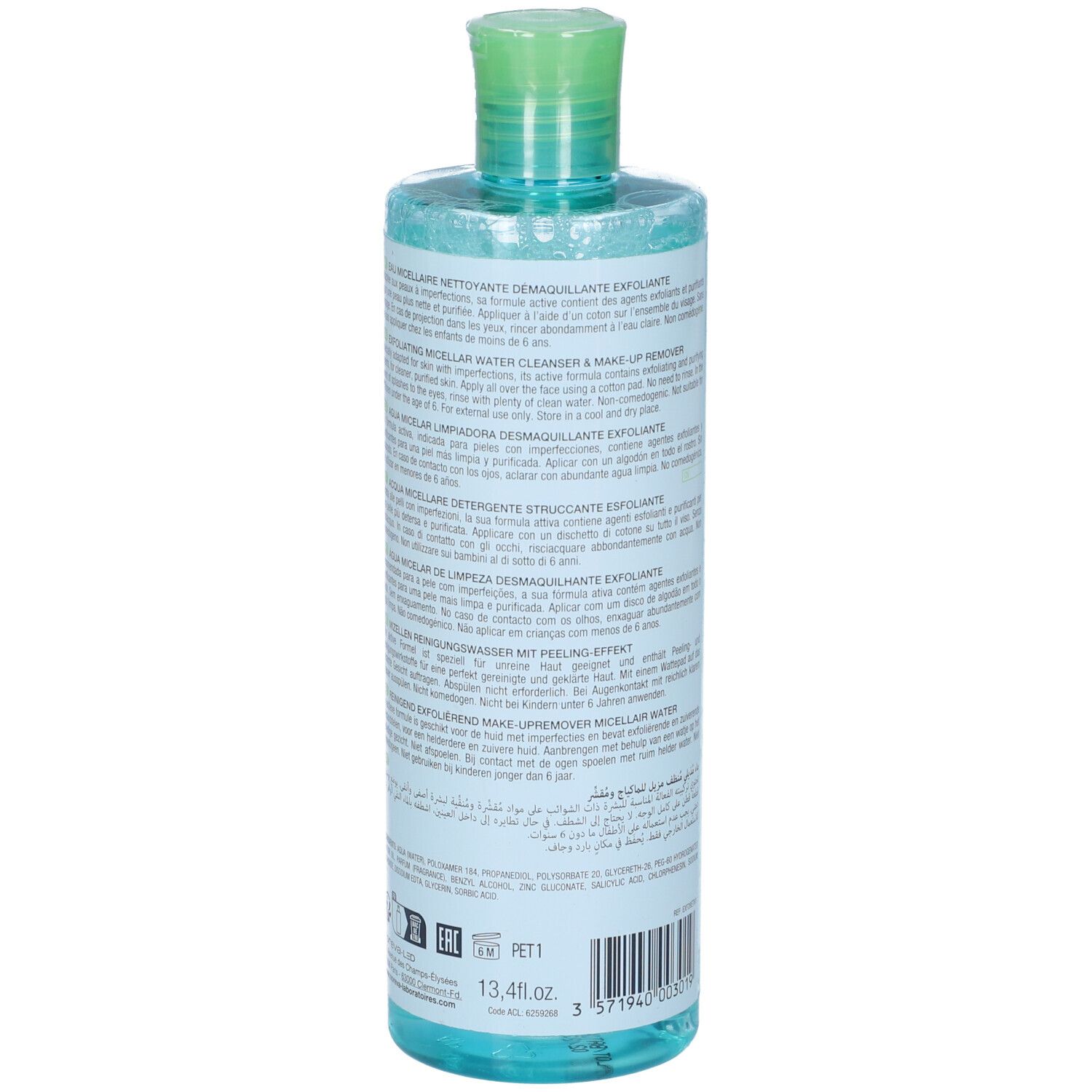 Retro del flacone. Testo multilingue. Scritta: Noreva, Exfoliac, Micellare Water Cleanser.