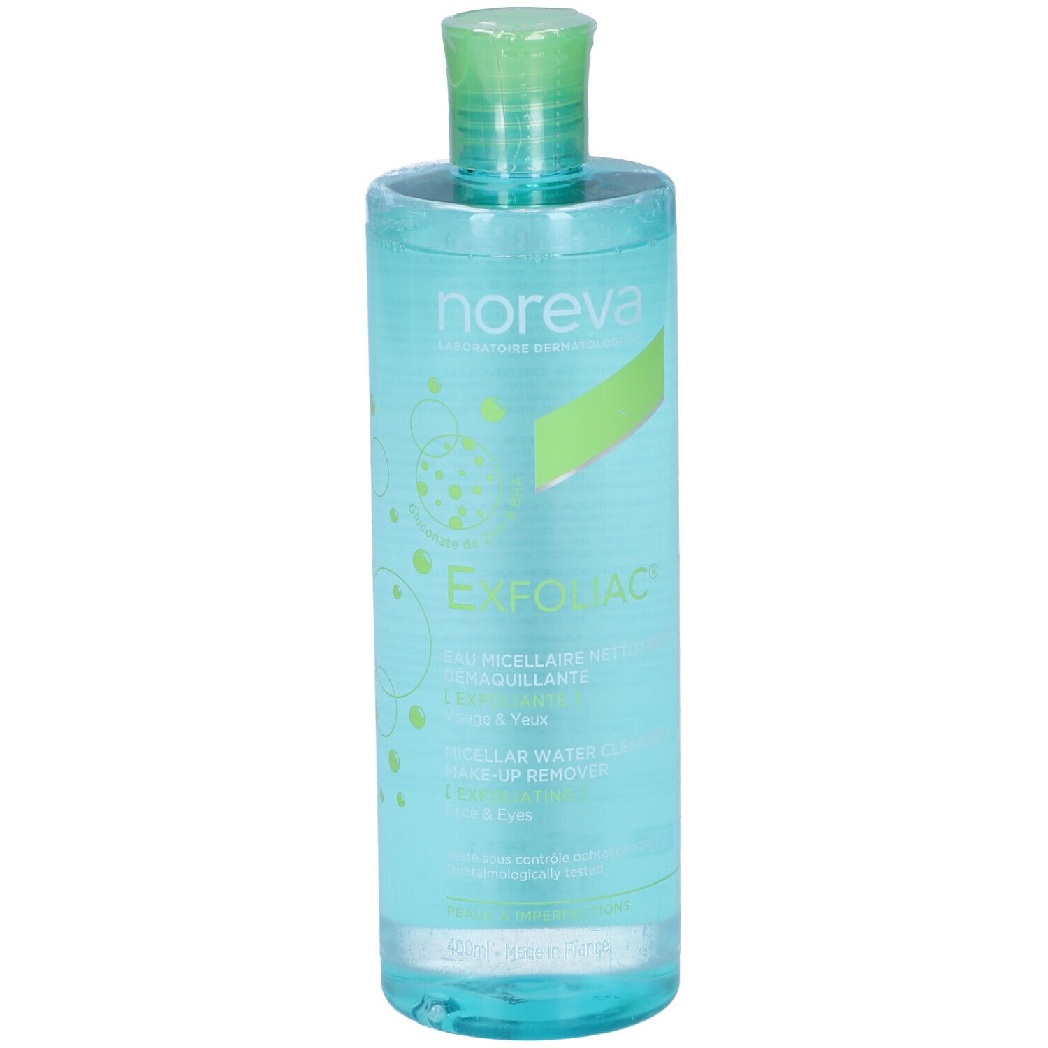 Flacone trasparente con tappo verde. Scritta: Noreva, Exfoliac, Micellare Water Cleanser.