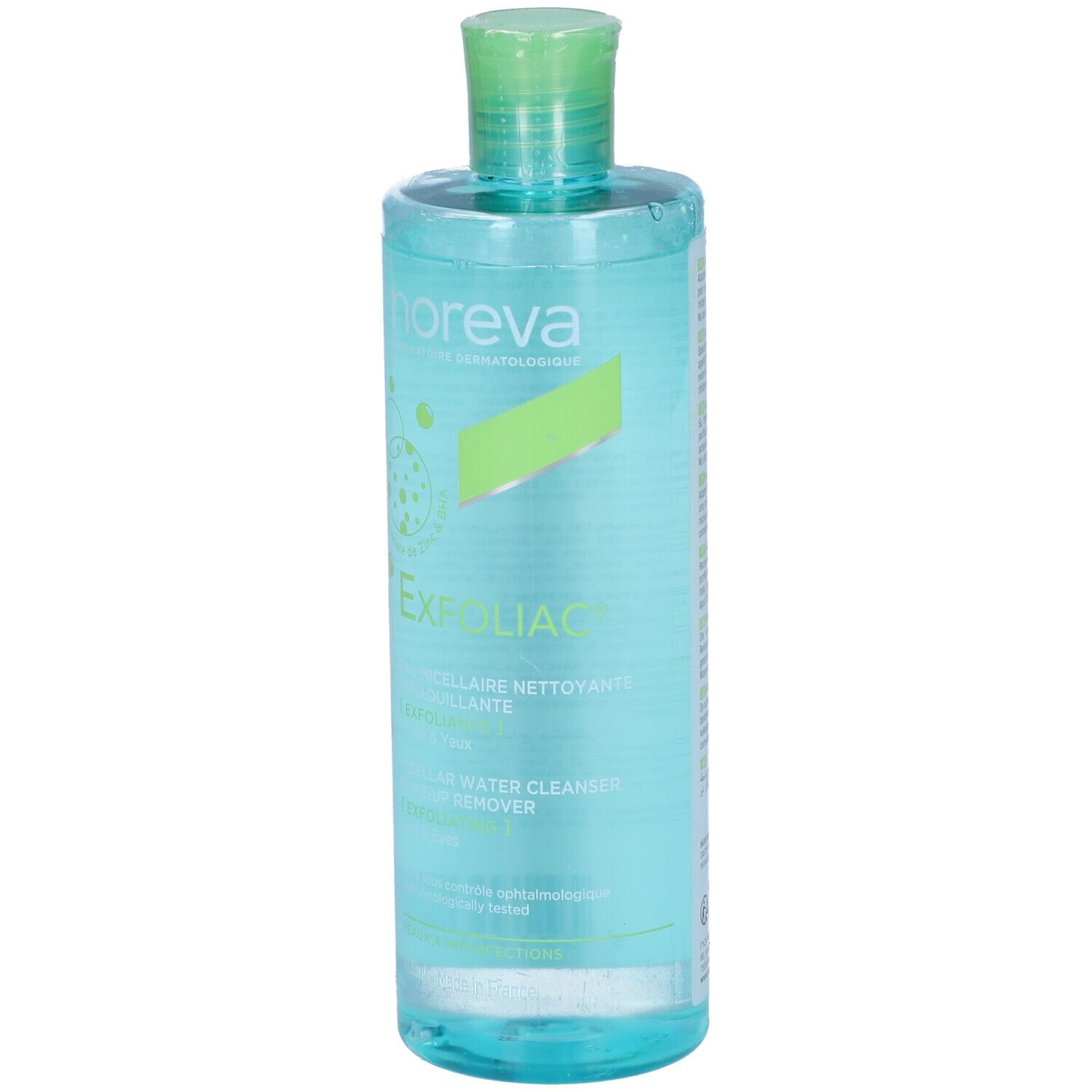 Flacone trasparente con tappo verde. Scritta: Noreva, Exfoliac, Micellare Water Cleanser.
