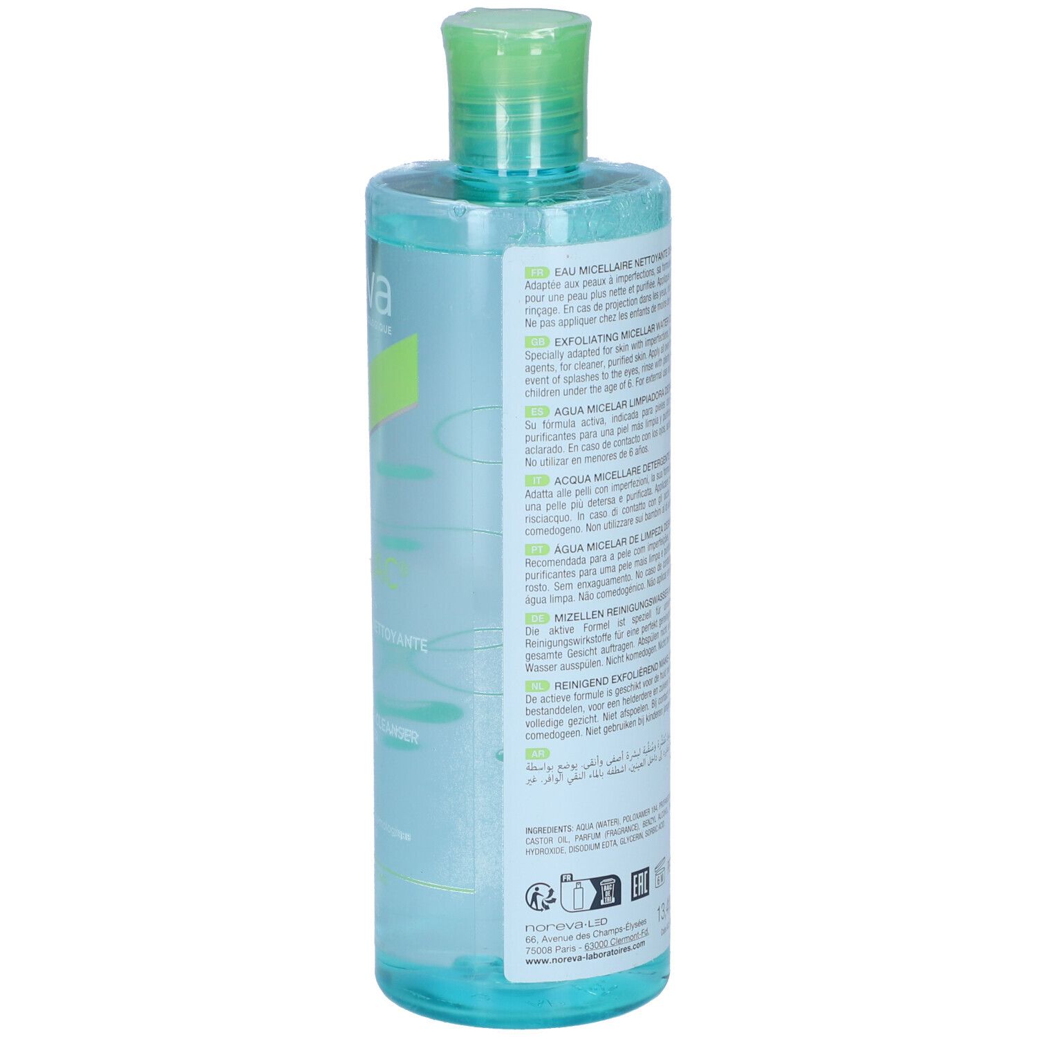 Retro del flacone. Testo multilingue. Scritta: Noreva, Exfoliac, Micellare Water Cleanser.