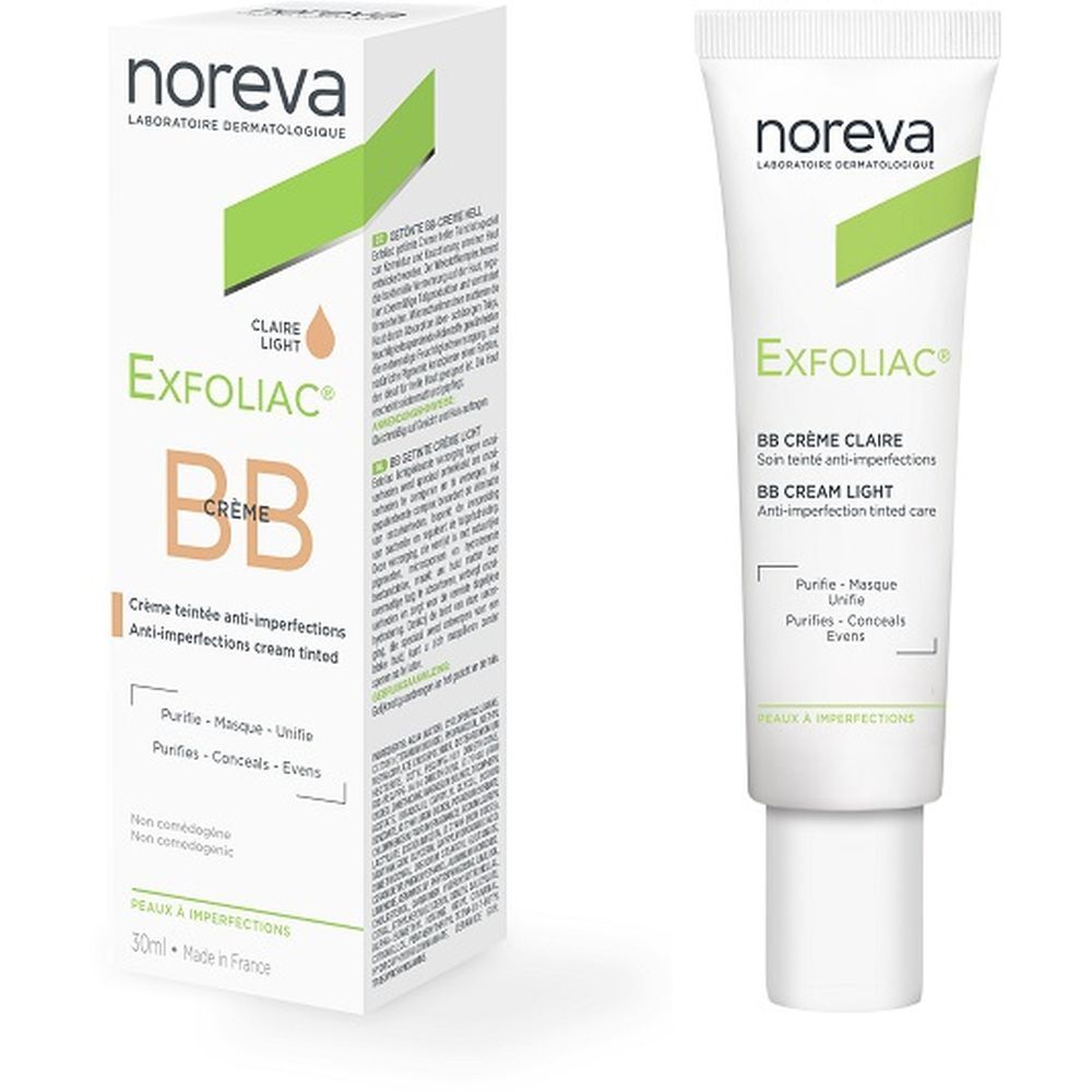 Noreva Exfoliac BB Crème Colorata Chiara, tubo e confezione. Nome del prodotto, BB Crème, e caratteristiche visibili.