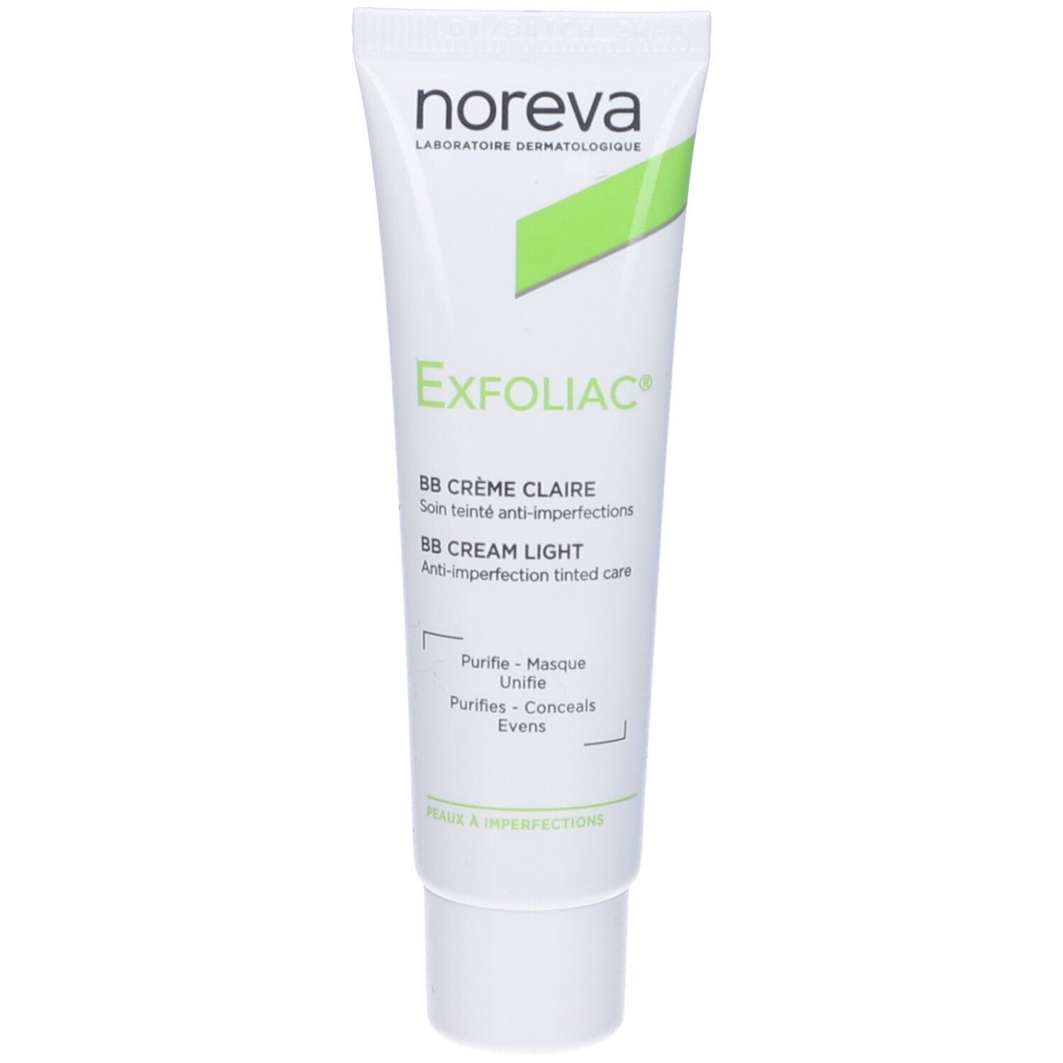 Noreva Exfoliac BB Crème Colorata Chiara, tubo. Nome del prodotto, BB Crème, e caratteristiche visibili.
