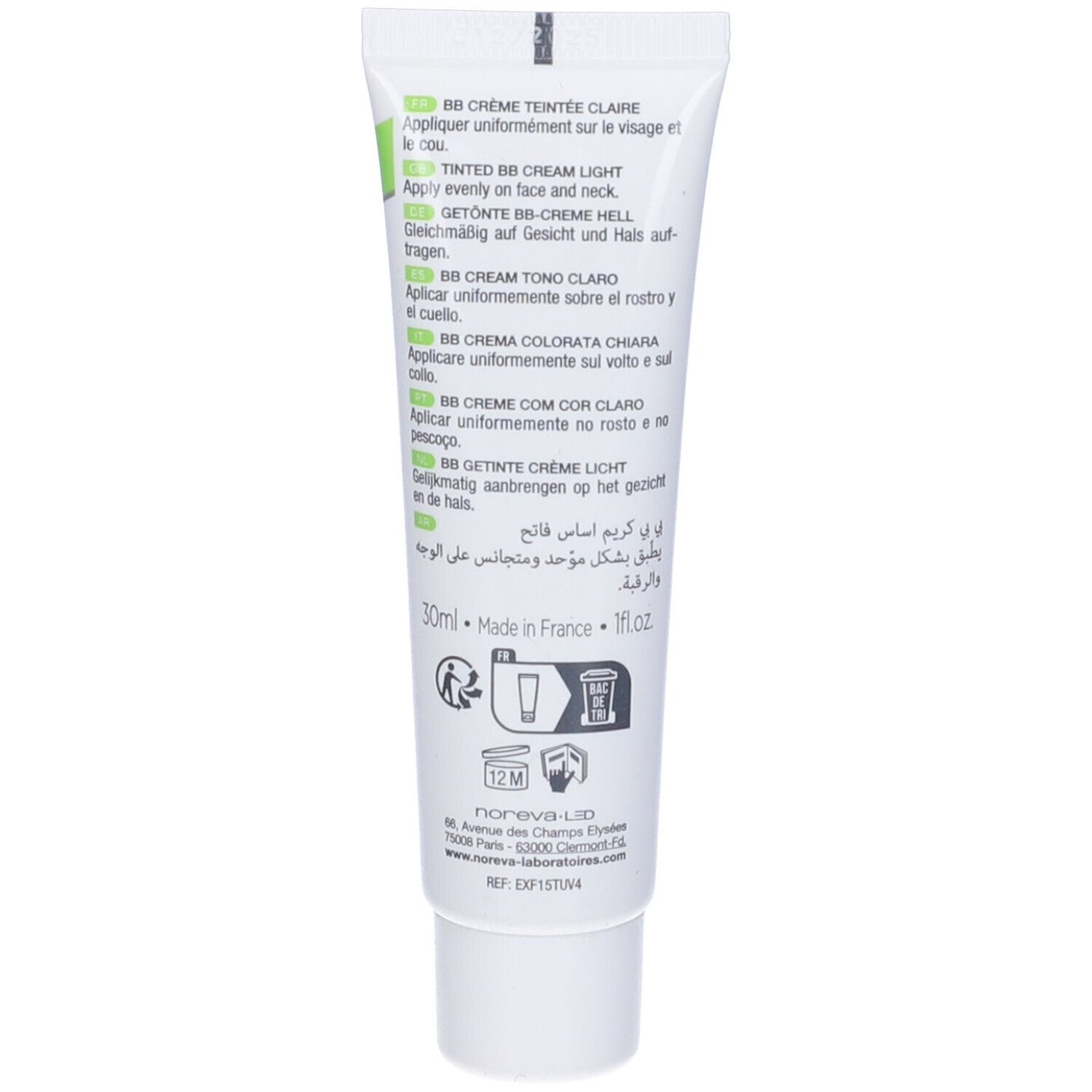 Noreva Exfoliac BB Crème Colorata Chiara, tubo. Retro con testo multilingue, incluse le istruzioni per l'uso.