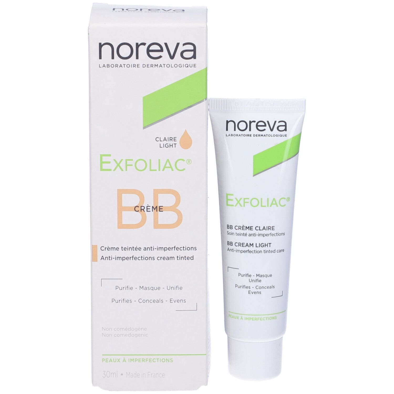 Noreva Exfoliac BB Crème Colorata Chiara, tubo e confezione. Nome del prodotto, BB Crème, e caratteristiche visibili.