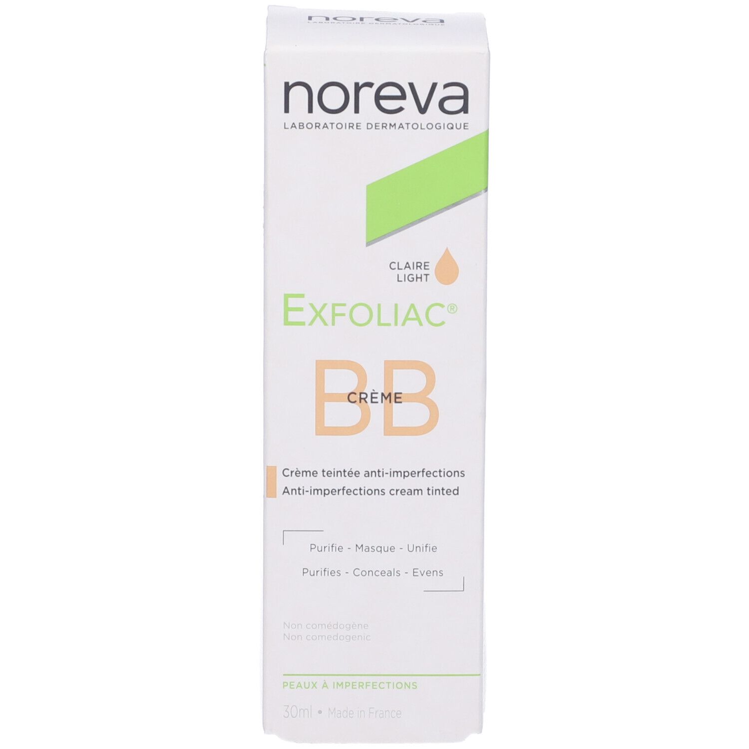 Noreva Exfoliac BB Crème Colorata Chiara, confezione. Nome del prodotto, BB Crème, e caratteristiche visibili.