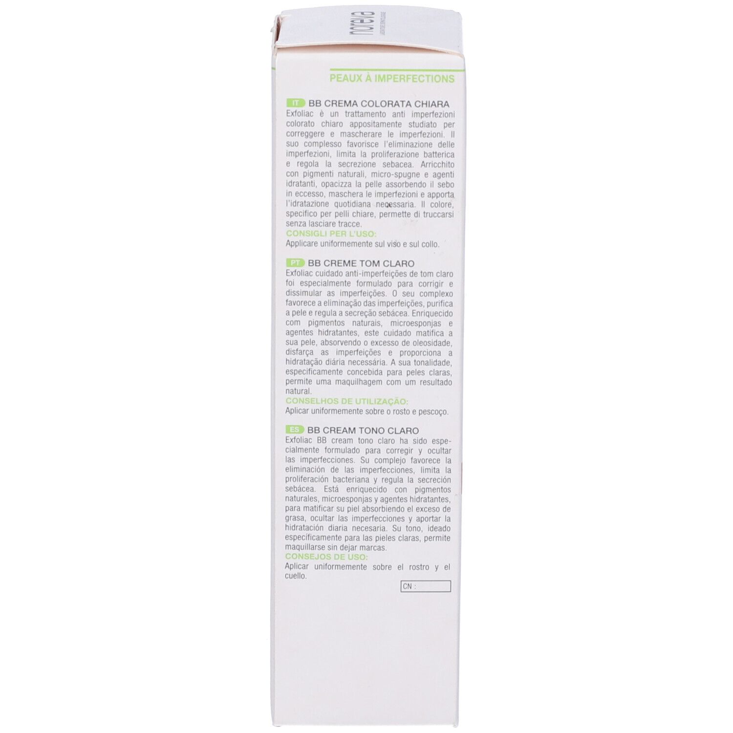 Noreva Exfoliac BB Crème Colorata Chiara, confezione. Retro con testo multilingue, incluse le istruzioni per l'uso.