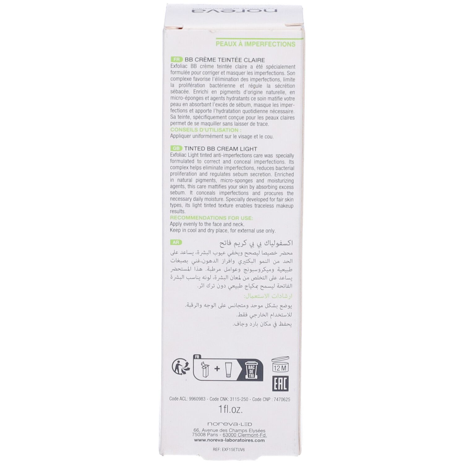 Noreva Exfoliac BB Crème Colorata Chiara, confezione. Retro con testo multilingue, incluse le istruzioni per l'uso.