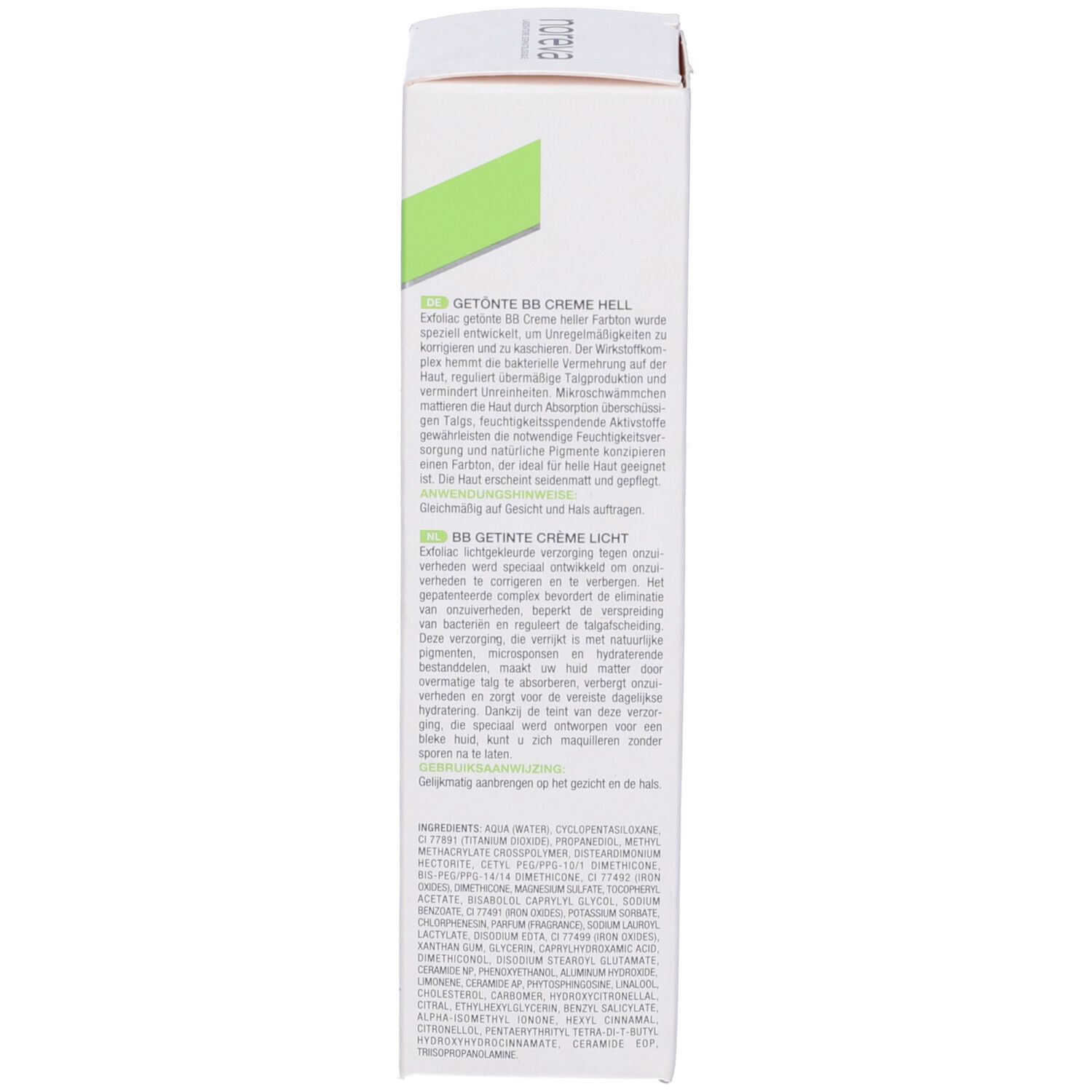 Noreva Exfoliac BB Crème Colorata Chiara, confezione. Retro con testo multilingue, inclusi gli ingredienti.