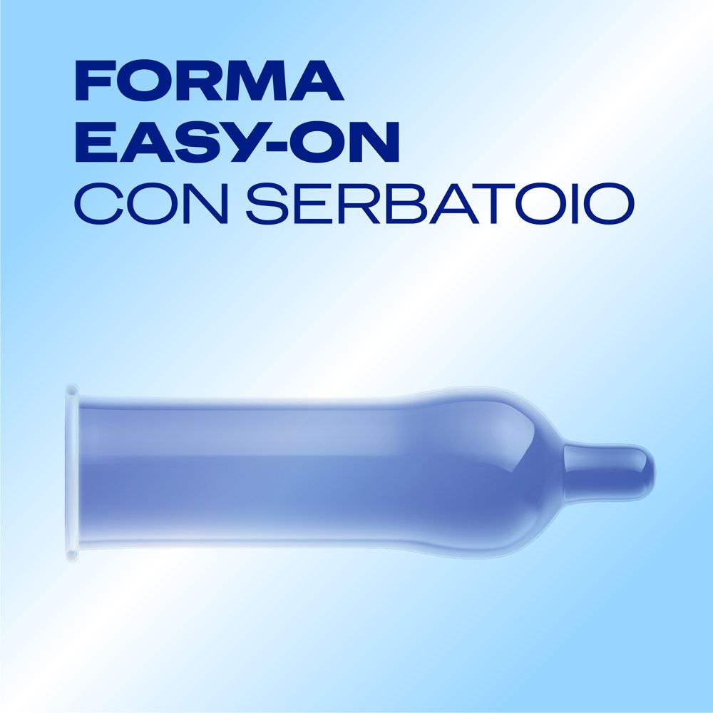 Blauer Kondom-Packung mit Durex Logo. "World's No. 1 Condom Brand" und "Scelto dai nostri clienti da oltre 90 anni".