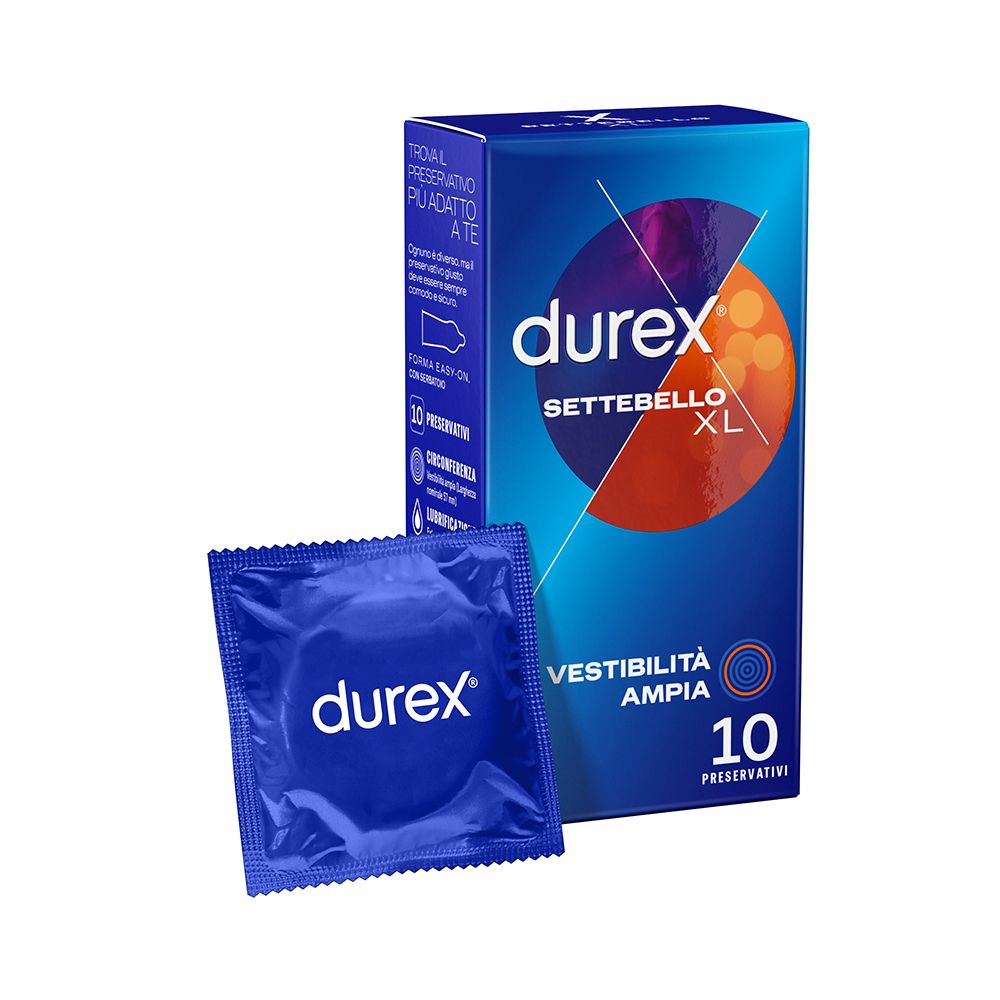 Preservativo blu in bustina e scatola. Scatola Durex Settebello XL, 10 pezzi. Confezione blu con cerchio arancione.
