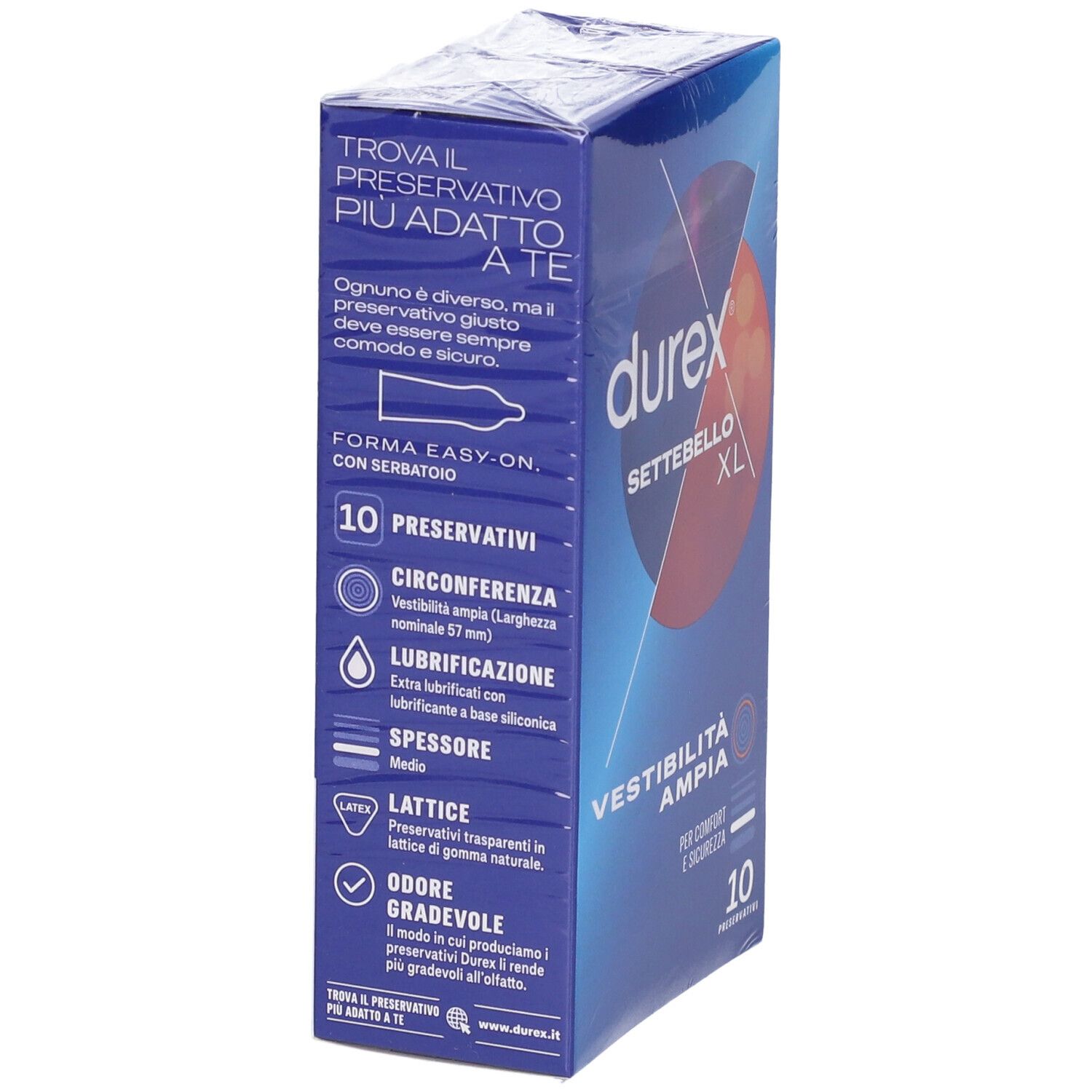 Scatola Durex Settebello XL, 10 preservativi. Confezione blu con testo e illustrazioni. Confezione trasparente.