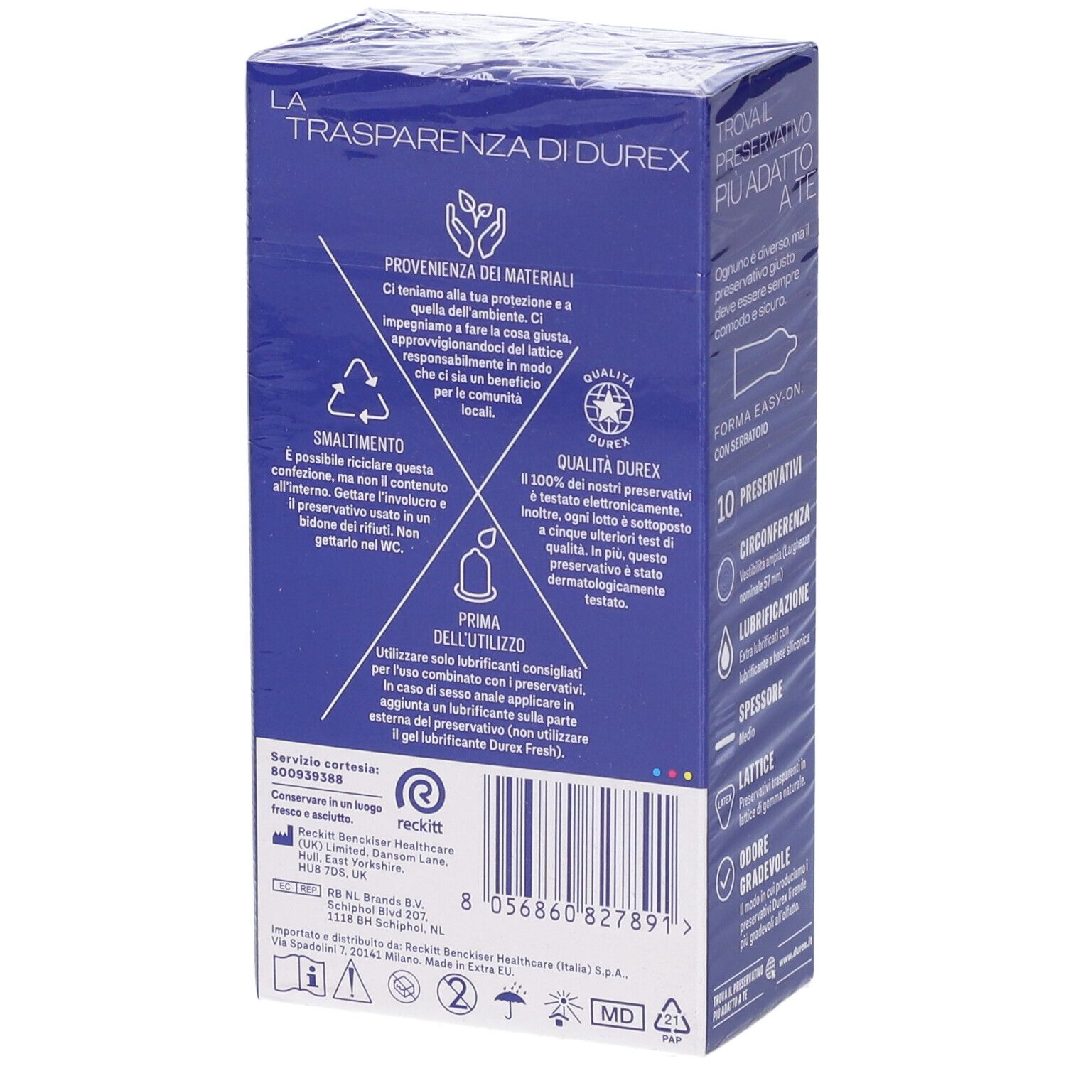 Retro della scatola Durex Settebello XL. Confezione blu con testo e illustrazioni. Confezione trasparente.