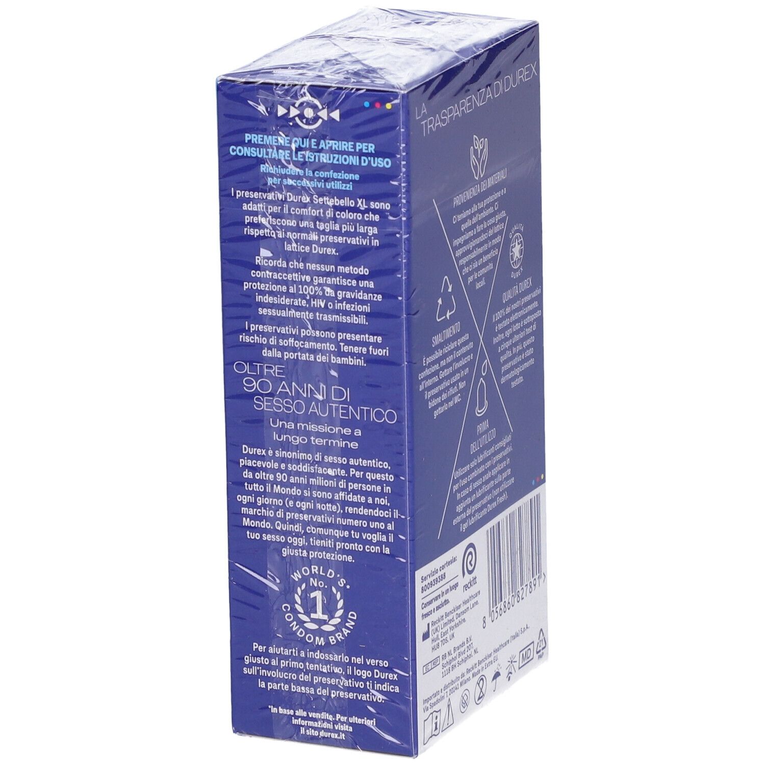 Lato della scatola Durex Settebello XL. Confezione blu con testo e illustrazioni. Confezione trasparente.