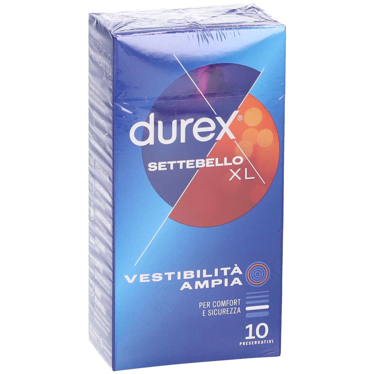Scatola Durex Settebello XL, 10 preservativi. Confezione blu con cerchio arancione. Testo: Vestibilità Ampia. Confezione trasparente.
