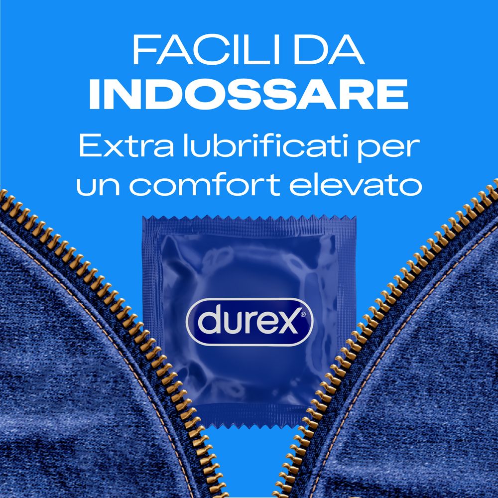 Blauer Kondom-Packung mit Durex Logo. "Facili da indossare" und "Extra lubrificati per un comfort elevato".