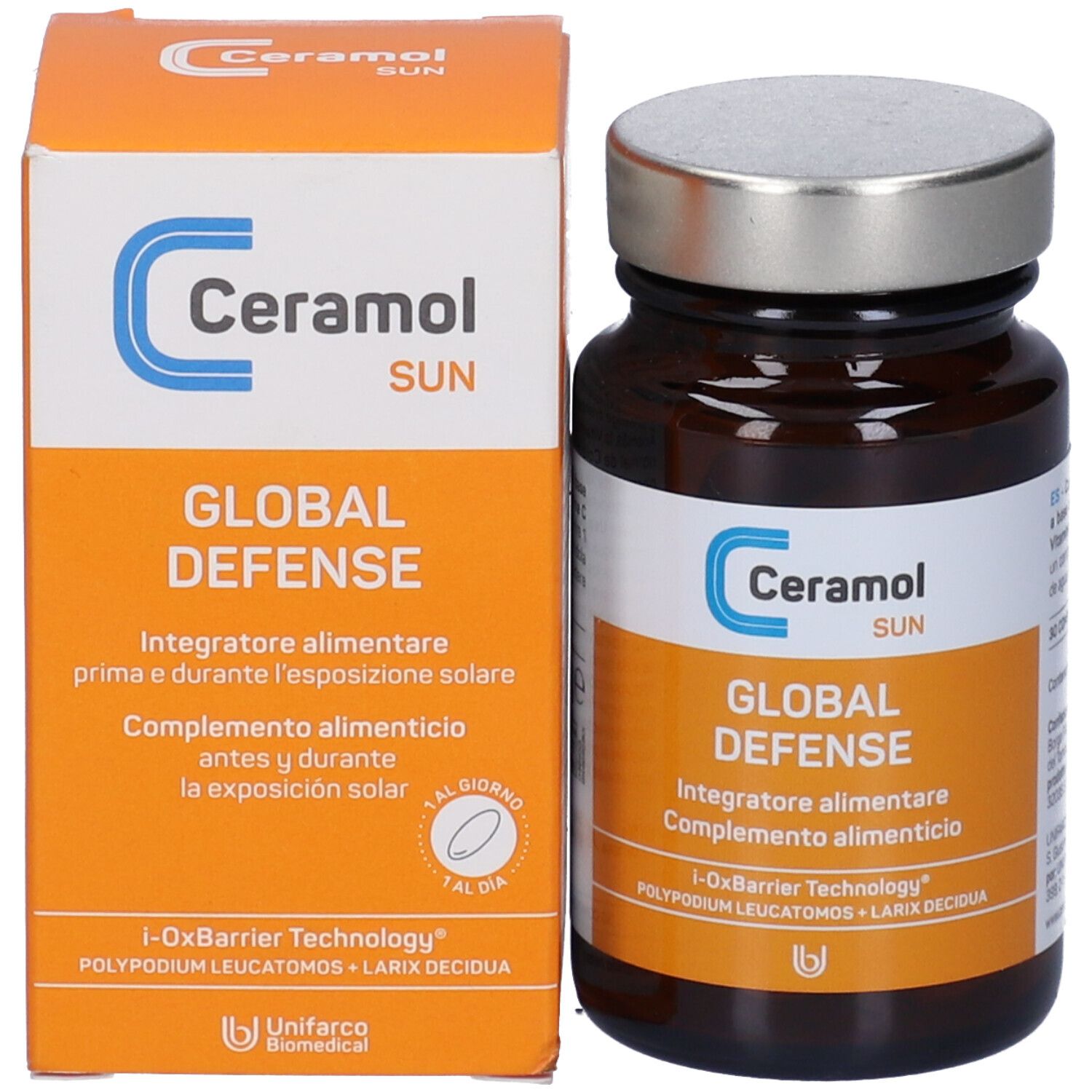 Flacone di vetro marrone e scatola. Sul flacone: Ceramol SUN, GLOBAL DEFENSE. Sulla scatola: testo e logo.