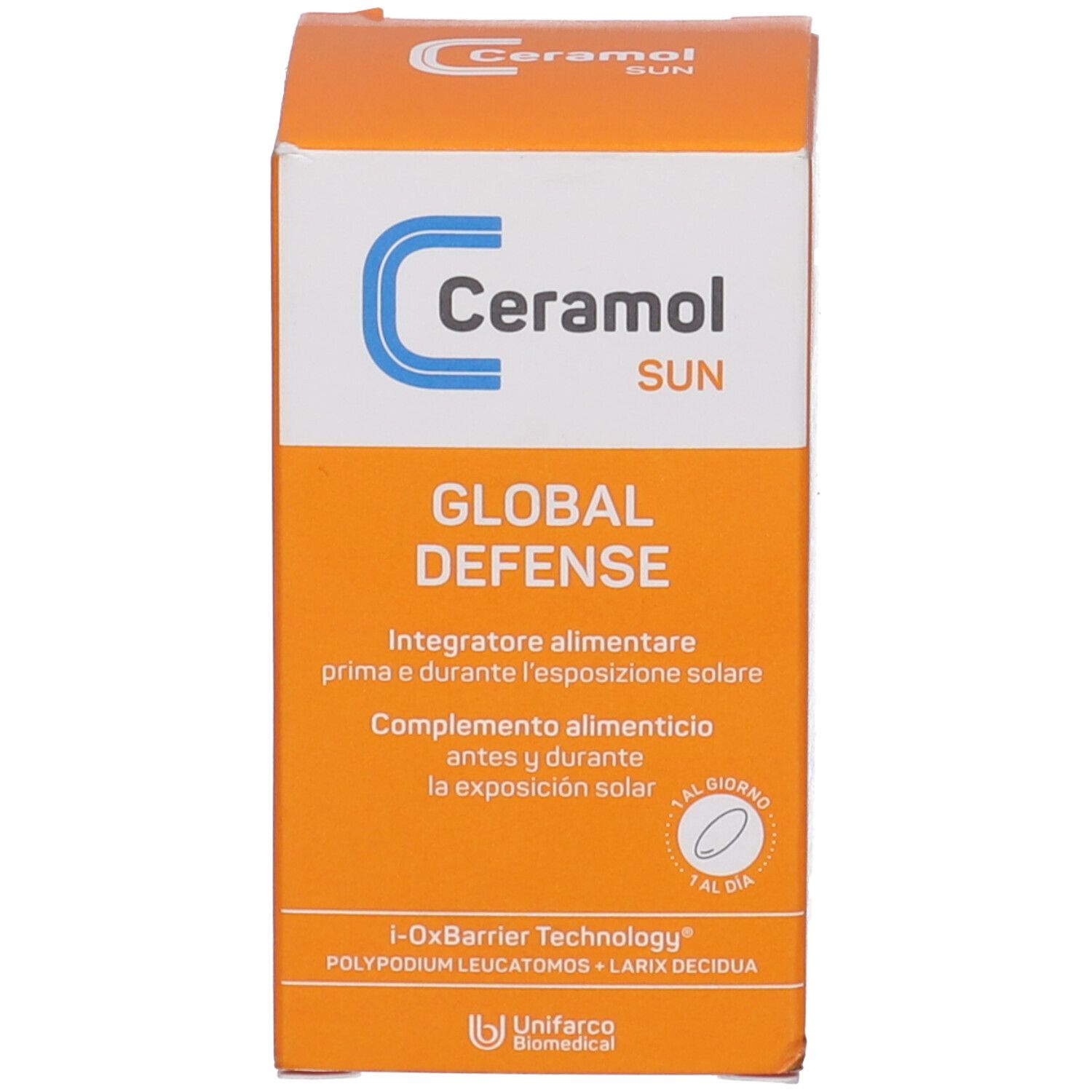 Scatola arancione con testo: Ceramol SUN, GLOBAL DEFENSE, integratore alimentare. Logo e informazioni.