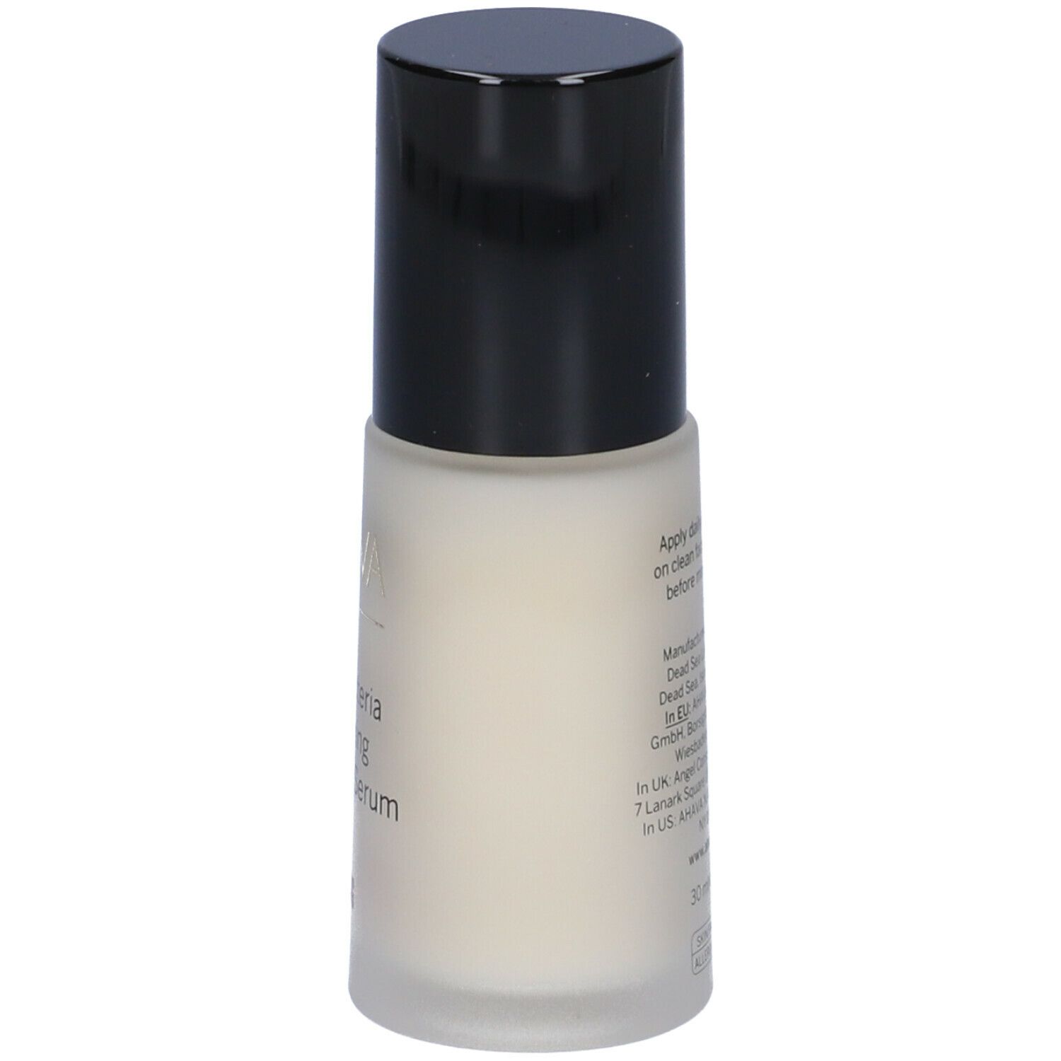 Flacone di siero AHAVA con tappo nero. Scritta: Halobacteria Restoring Elasticity Serum. Lifting.