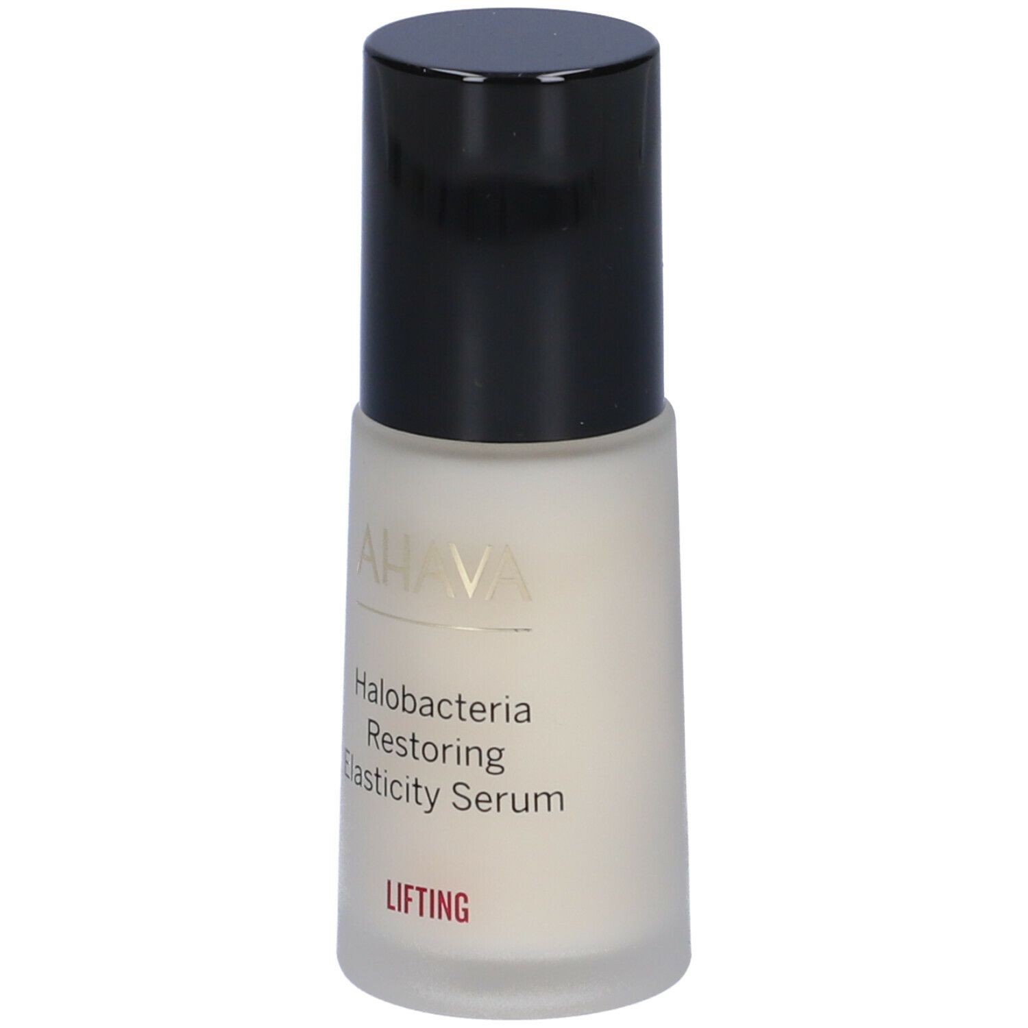 Flacone di siero AHAVA con tappo nero. Scritta: Halobacteria Restoring Elasticity Serum. Lifting.