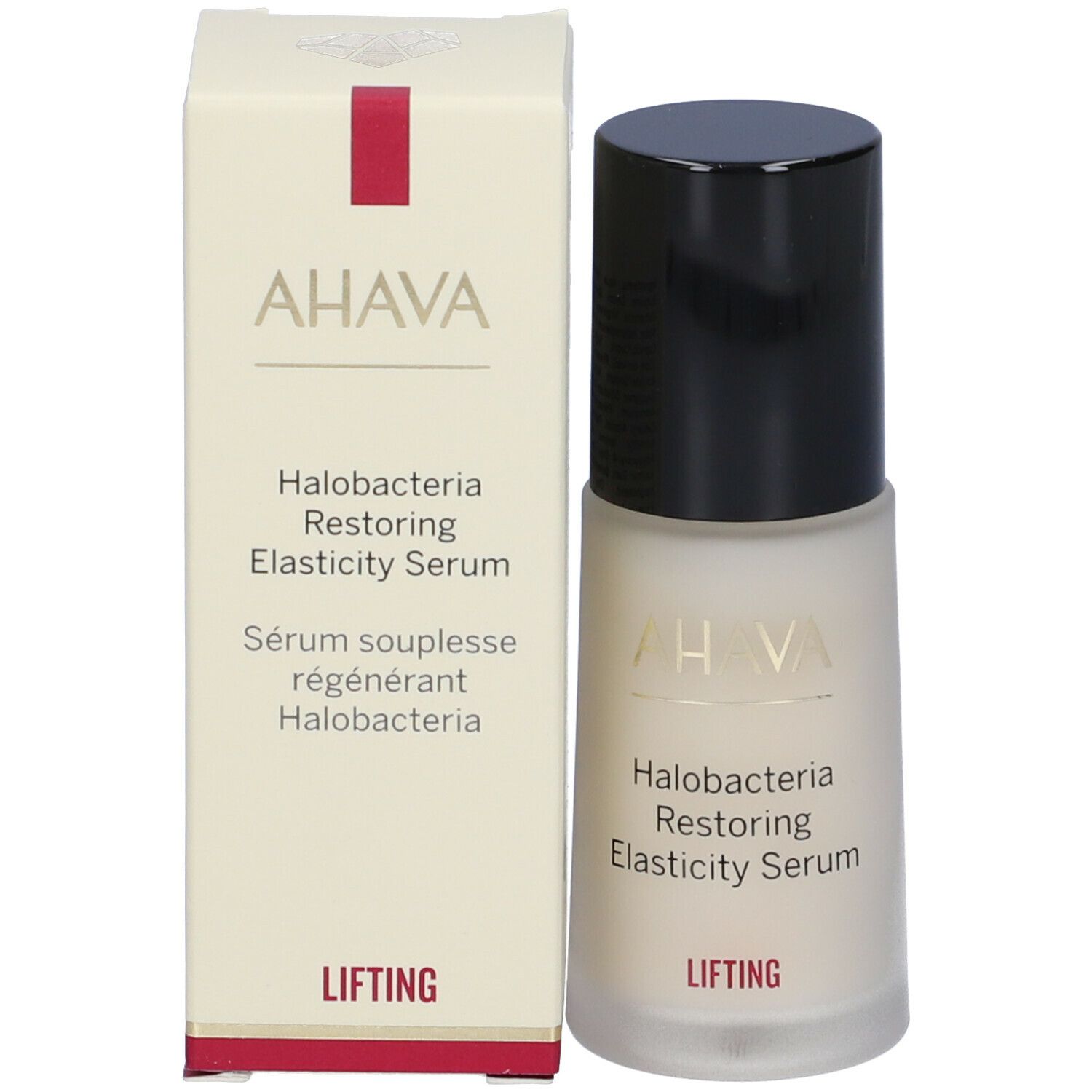 Flacone di siero AHAVA con tappo nero e scatola. Scritta: Halobacteria Restoring Elasticity Serum. Lifting.