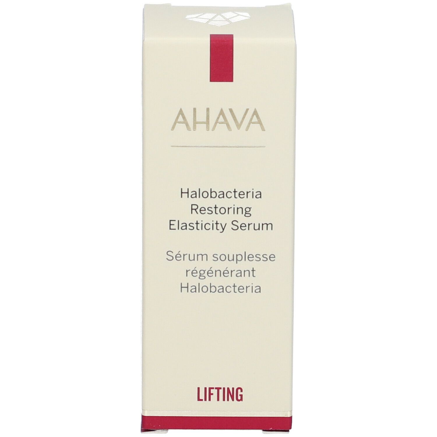 Scatola AHAVA. Scritta: Halobacteria Restoring Elasticity Serum. Lifting.