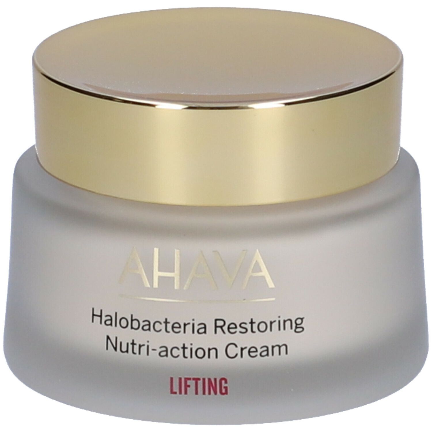 Vaso di crema con coperchio dorato. Scritta: AHAVA, Halobacteria Restoring Nutri-action Cream, Lifting.