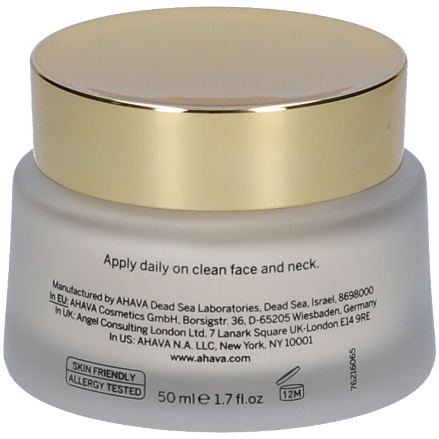 Vaso di crema con coperchio dorato. Retro con testo: AHAVA, Dead Sea Laboratories, 50 ml, 1.7 fl.oz, Skin Friendly.