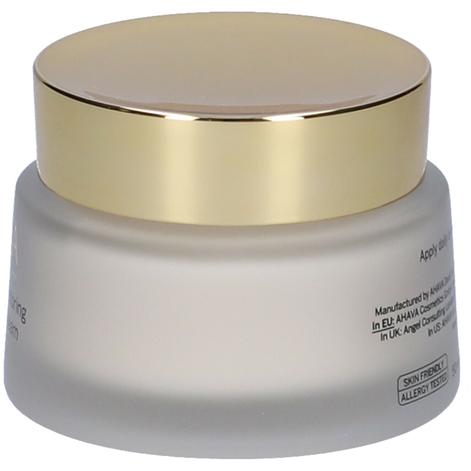 Vaso di crema con coperchio dorato. Retro con testo: AHAVA, Dead Sea Laboratories, 50 ml, 1.7 fl.oz, Skin Friendly.