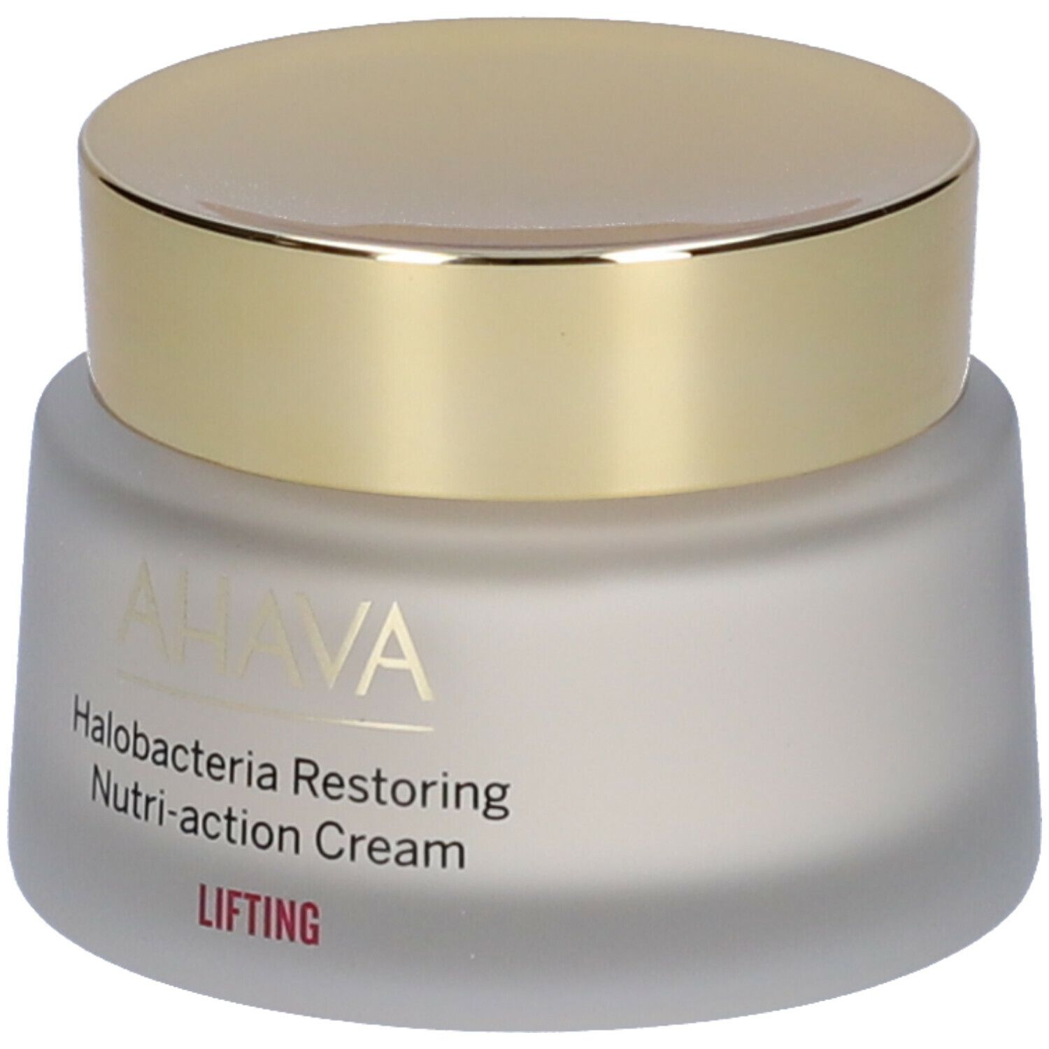 Vaso di crema con coperchio dorato. Scritta: AHAVA, Halobacteria Restoring Nutri-action Cream, Lifting.