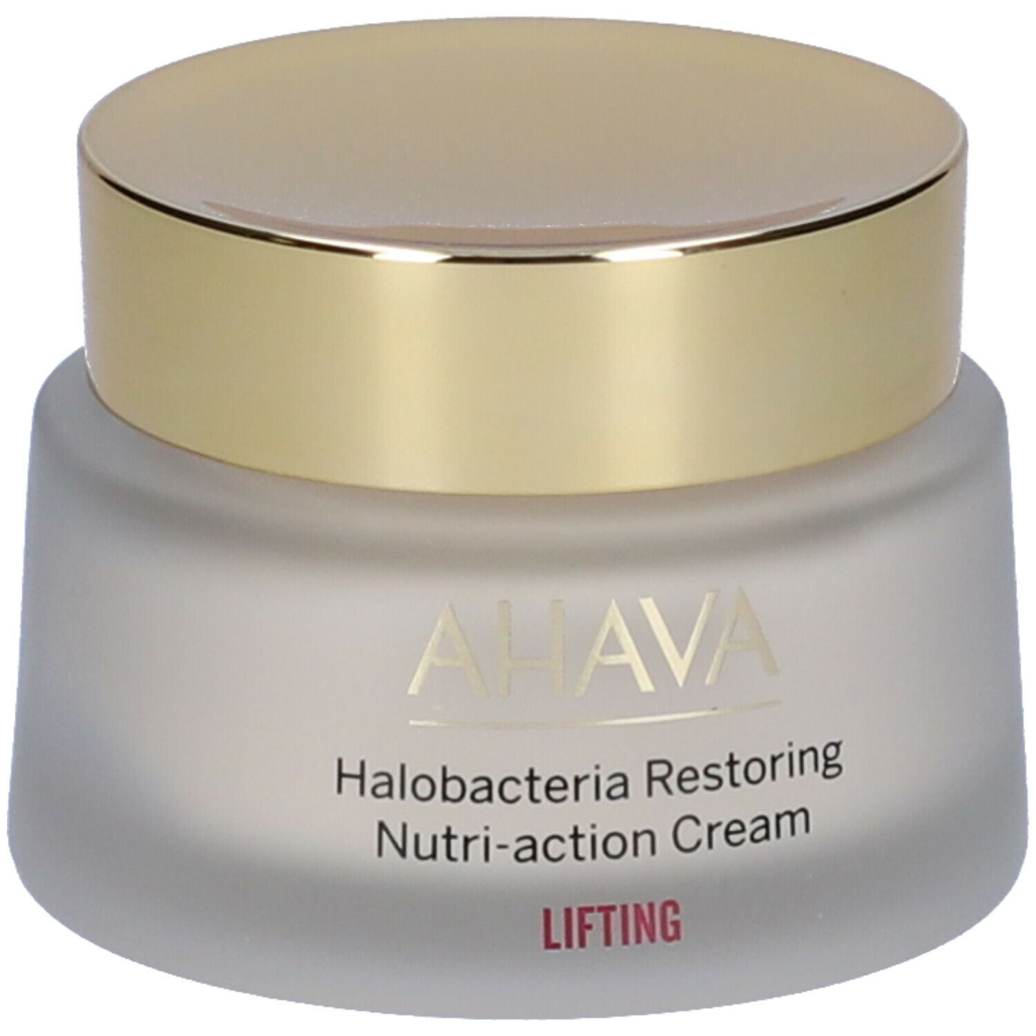 Vaso di crema con coperchio dorato. Scritta: AHAVA, Halobacteria Restoring Nutri-action Cream, Lifting.